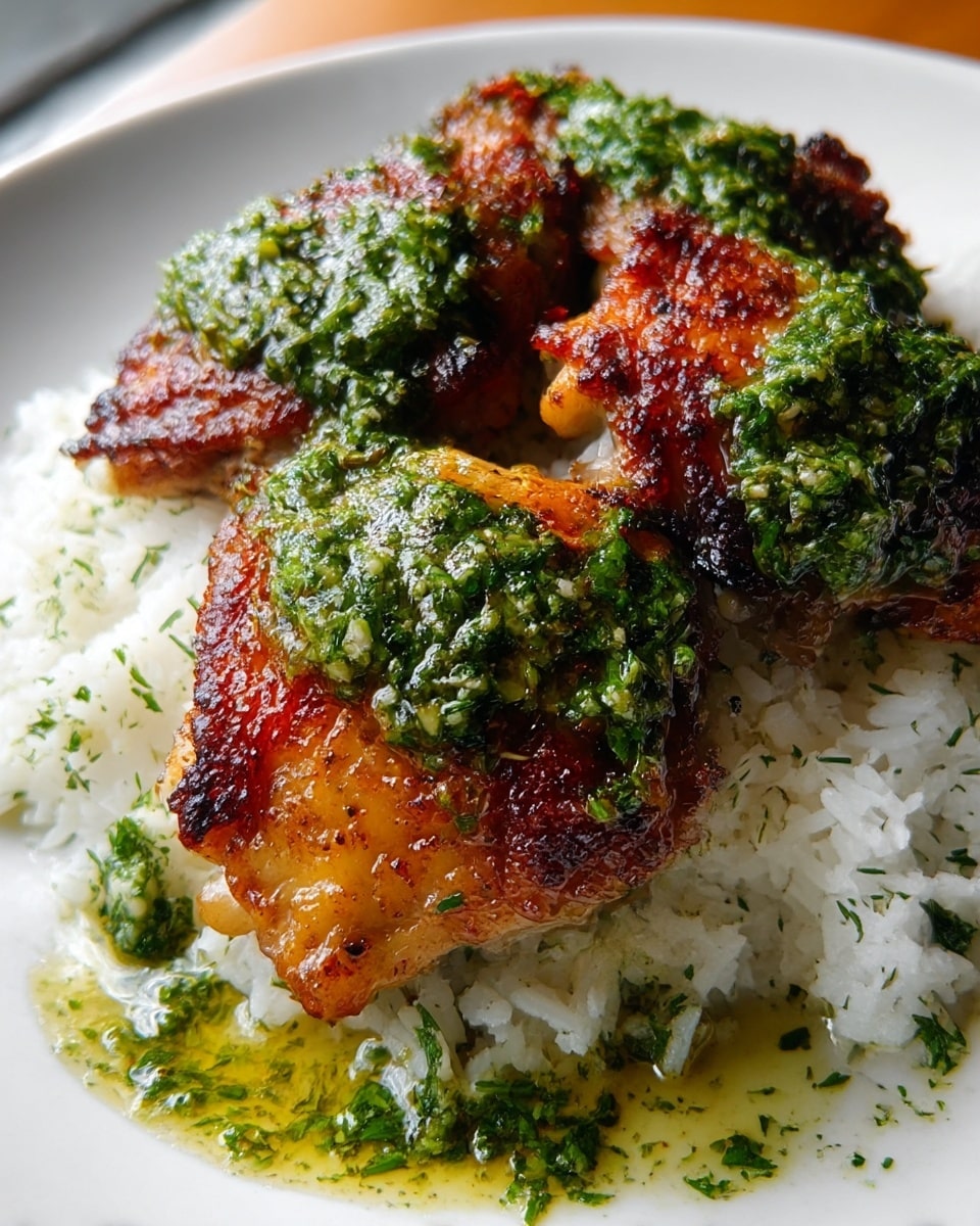A white plate holds a bed of fluffy white rice as the bottom layer, with a light sprinkle of green herbs mixed in. On top, there are three pieces of crispy, golden-brown chicken thighs with a crunchy, slightly charred skin. Each piece is covered with a thick, bright green herb sauce with a coarse texture, which spills slightly onto the rice and plate, adding a fresh and oily shine. The overall look is warm, inviting, and vibrant with contrasting textures between the soft rice and crispy chicken skin. Photo taken with an iphone --ar 4:5 --v 7
