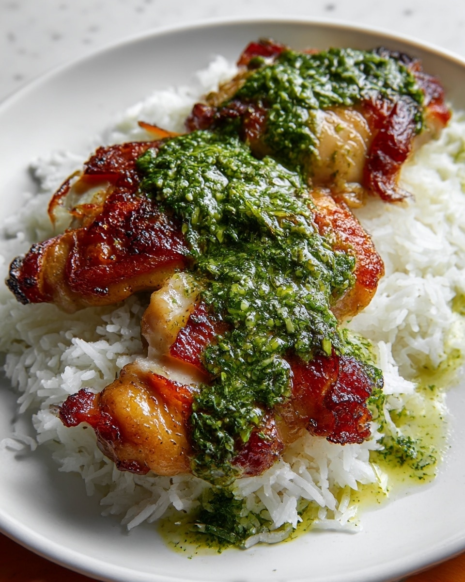 The dish shows three pieces of crispy grilled chicken with a golden-brown skin, each piece placed one behind the other on a bed of fluffy white rice. A bright green herb sauce is spread liberally over the top of the chicken, slightly dripping down onto the rice, adding a vibrant contrast. The rice looks soft and evenly cooked, with the sauce adding a glossy texture to parts of the dish. All the food is served on a plain white plate with a white marbled textured background. Photo taken with an iphone --ar 4:5 --v 7