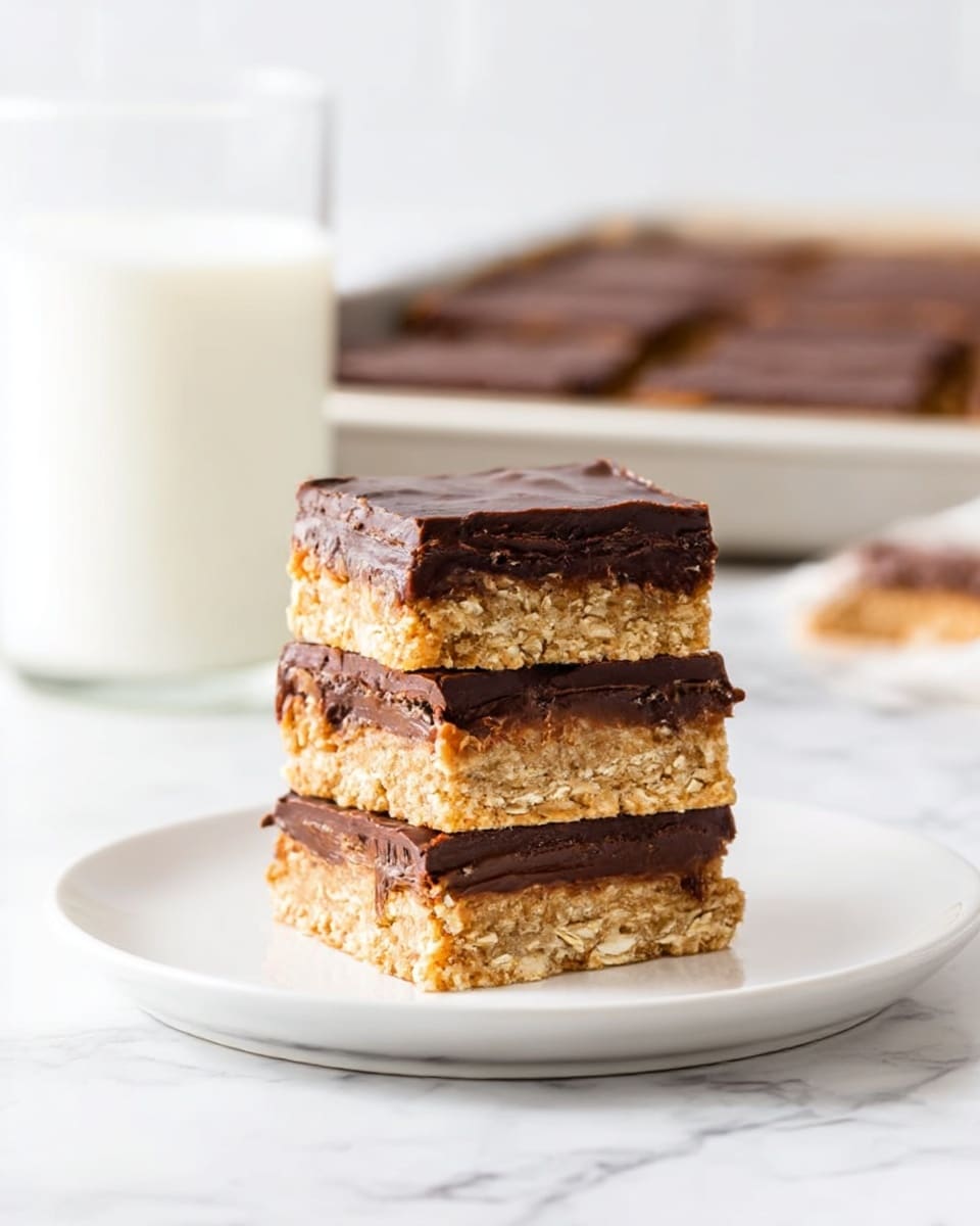 A stack of three square dessert bars is centered on a white plate, each bar having two distinct layers: the bottom layer is a thick, light golden oat crust with a rough, crumbly texture, and the top layer is a dense, glossy dark chocolate filling with a smooth surface. The bars form a neat, even tower with the chocolate layer slightly thicker than the oat base. In the background, there is a clear glass of milk and a blurred baking tray with more dessert bars, all set against a white marbled surface. photo taken with an iphone --ar 4:5 --v 7