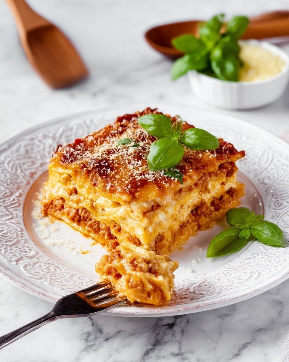 A thick square slice of lasagna rests on a white plate with intricate patterns. The lasagna has three visible layers: a bottom layer of pasta sheets with ground meat sauce in a reddish-brown color, a middle layer of creamy cheese in light yellow with bits of meat, and a top layer of melted golden-brown cheese with a crispy texture sprinkled with grated cheese. Fresh green basil leaves sit on top as garnish. A fork holds a bite-sized piece of lasagna in the front of the plate, showing the soft and layered texture. The plate is on a white marbled surface with a small white bowl of fresh basil leaves and a wooden spoon with grated cheese blurred in the background. photo taken with an iphone --ar 4:5 --v 7