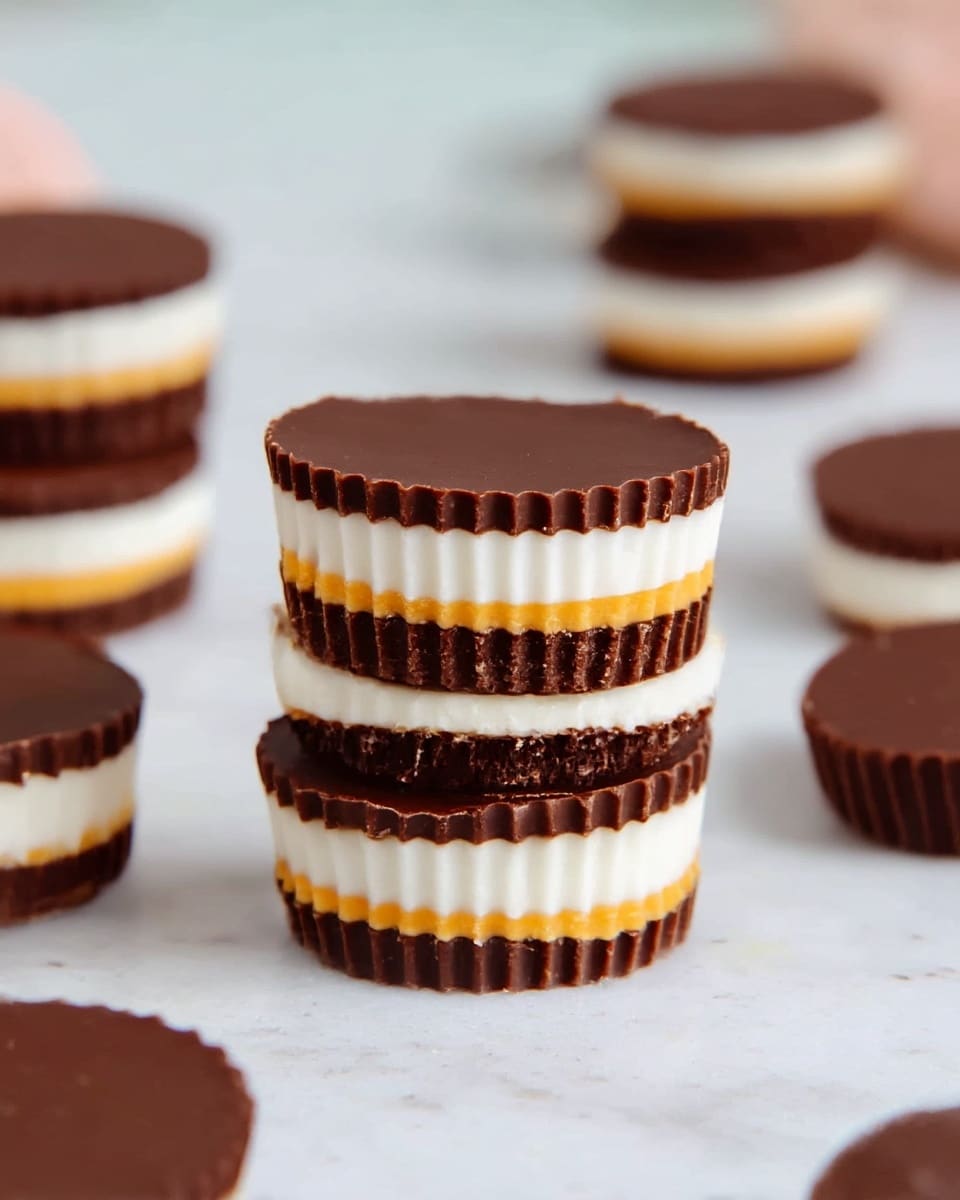 A stack of three round layered treats sits in the center on a smooth white marbled surface, each treat having a bottom dark brown chocolate layer with slight ridges around the edge, followed by a thick white layer, a thin orange layer, and topped with another even dark brown chocolate layer with a smooth finish. Surrounding the stack are other similar treats, some lying flat, showing the same layers clearly. The light softly highlights the texture differences, making the chocolate edges appear slightly glossy. Photo taken with an iphone --ar 4:5 --v 7