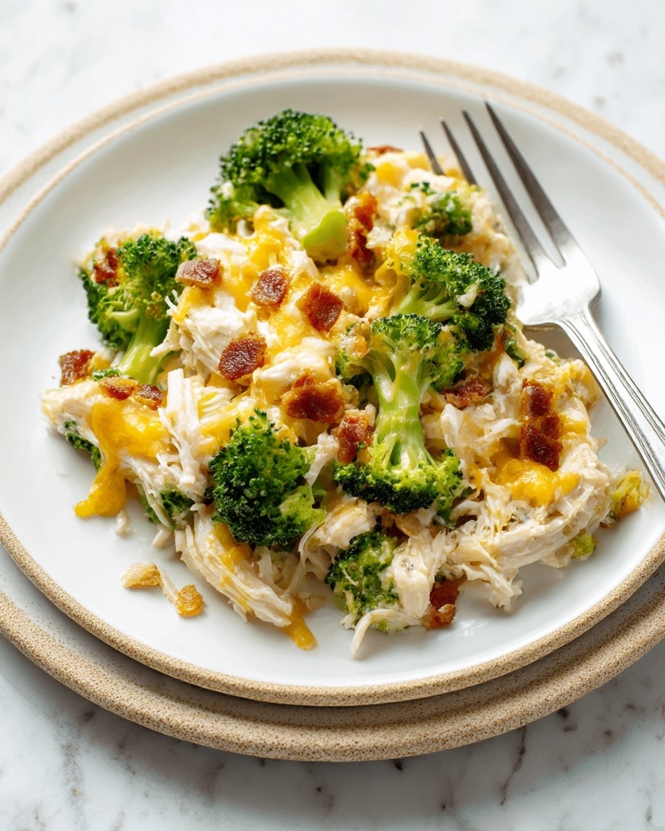 A white plate holds a layered dish starting with chunks of white shredded chicken at the bottom, mixed with tender green broccoli florets on top, creating a fresh and chunky texture. Melted golden-yellow cheddar cheese stretches across the broccoli and chicken, with small bits of crispy brown bacon scattered throughout, adding contrast in color and texture. A silver fork rests on the edge of the plate, and the plate edges are beige with a rough texture. The background is a white marbled texture. photo taken with an iphone --ar 4:5 --v 7