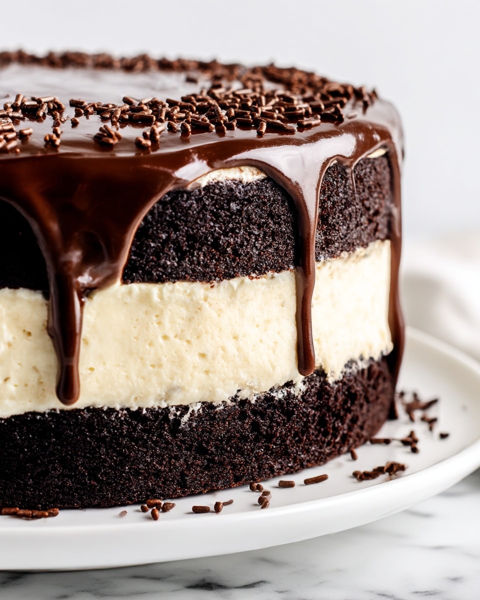 A close-up of a two-layer chocolate cake with a thick layer of light cream between and around the layers. The top of the cake is covered with shiny dark chocolate ganache that drips slightly down the sides, and chocolate sprinkles are scattered on the ganache near the edges. The cake is placed on a white plate over a white marbled surface. Photo taken with an iphone --ar 4:5 --v 7