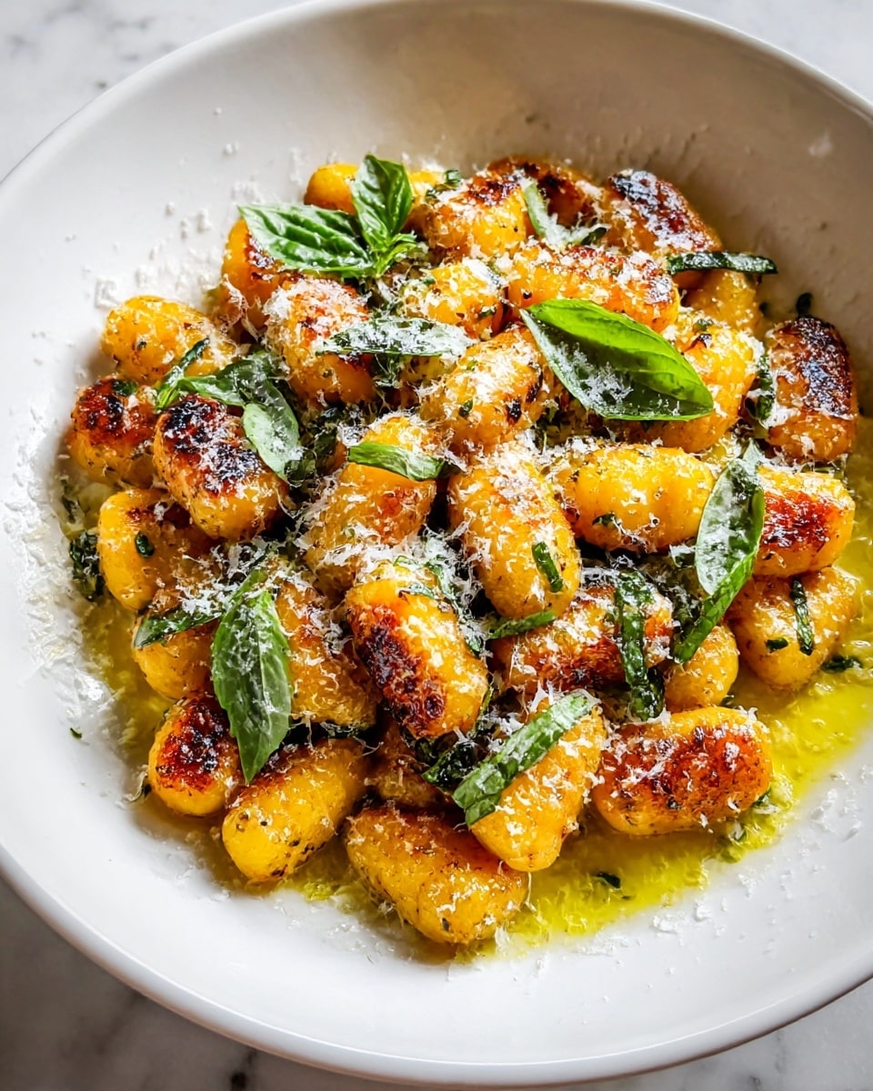 A white bowl filled with one layer of golden-brown gnocchi that have a crispy texture with some charred spots. The gnocchi are covered with light green thinly sliced basil leaves scattered on top. There is a drizzle of yellow olive oil pooling at the bottom, giving a soft shine to the gnocchi. White grainy grated cheese is sprinkled evenly above the gnocchi and basil, adding texture and light contrast. The background features a white marbled texture. Photo taken with an iphone --ar 4:5 --v 7