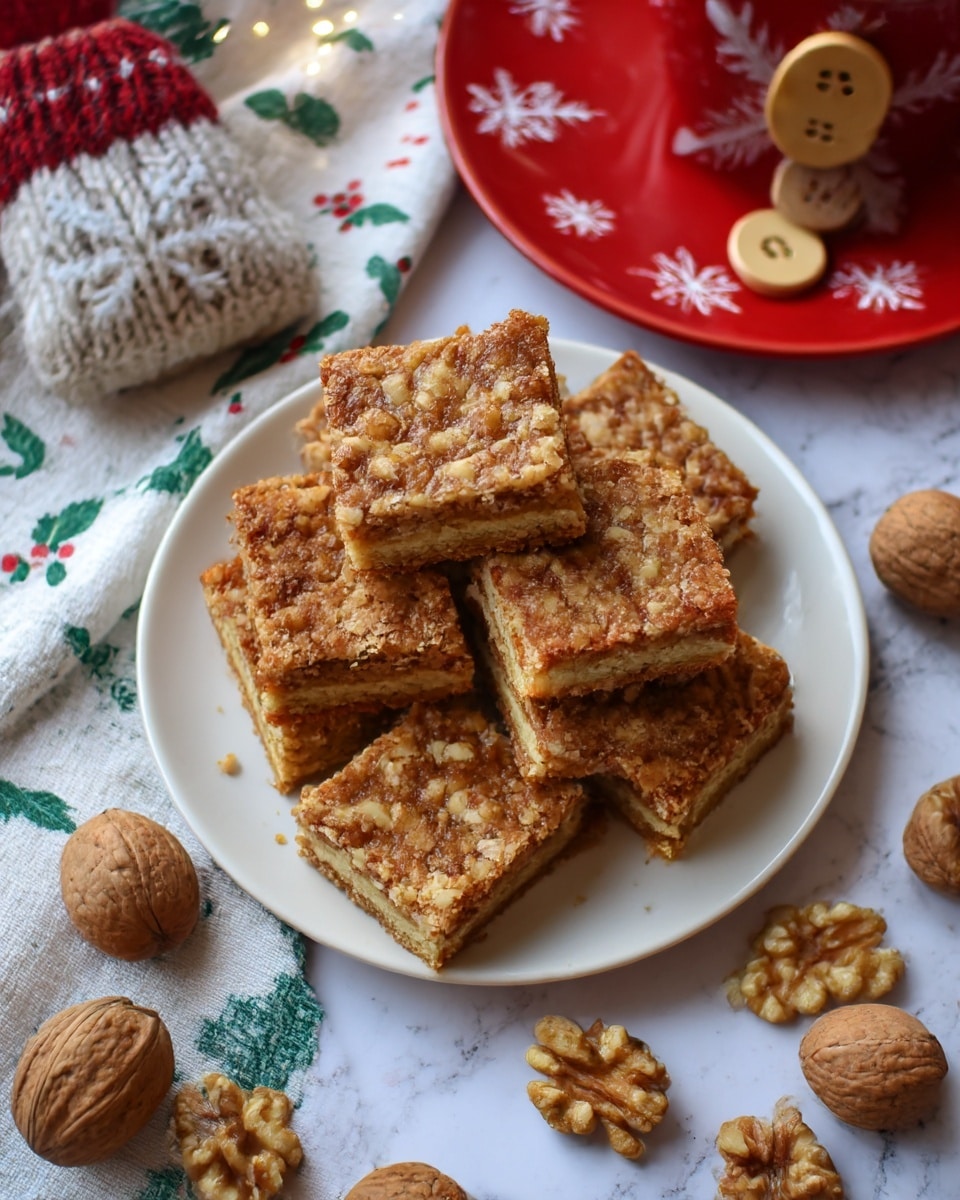 A white plate holds six square bars arranged in a pile, each bar showing two visible layers: a thicker light golden brown base and a thinner, rough-textured top layer sprinkled with walnut pieces, giving it a crunchy look. The bars have a crumbly surface with uneven edges. Around the plate, some walnut halves are scattered on a white cloth patterned with green leaves and red berries, all set on a white marbled surface. In the corner, part of a red plate with a white snowflake design and a cozy knit decoration with two wooden buttons add to the warm scene. Photo taken with an iphone --ar 4:5 --v 7