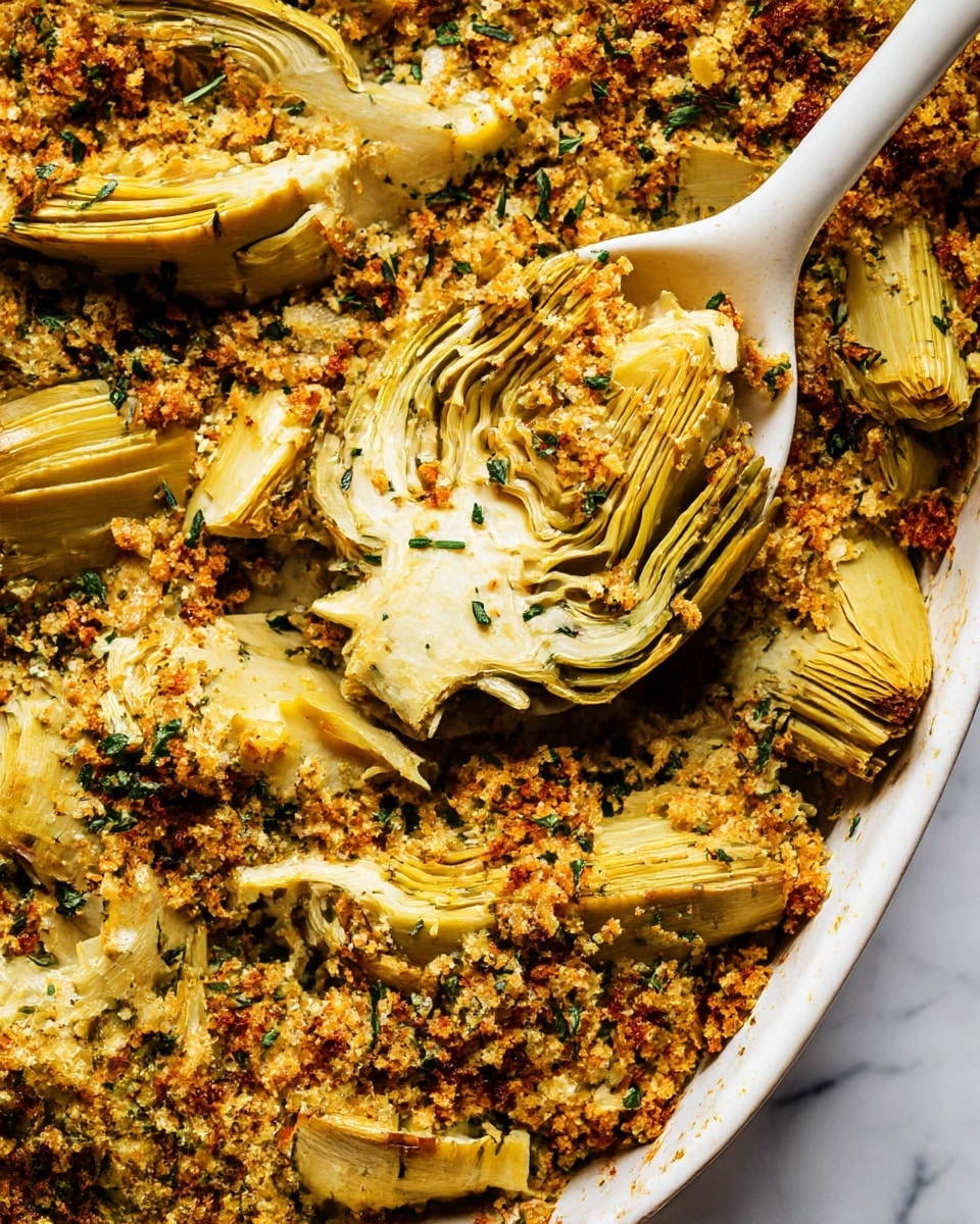 The image shows cooked artichoke pieces layered with a crumbly, golden brown topping mixed with small green herb bits. The layers are mostly light yellow and pale green artichoke leaves with a soft texture, covered by a crispy grainy topping spread evenly across the surface. A white ceramic spoon is scooping some of the artichoke mixture from the dish, showing the thick layers of artichoke and crunchy crumbs inside. The overall colors are warm and earthy with contrasting textures between soft leaves and crunchy crumbs, set against a white marbled background. photo taken with an iphone --ar 4:5 --v 7