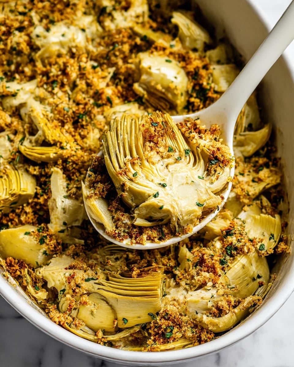 The image shows a close-up view of cooked artichoke quarters mixed with a crumbly, golden brown topping, likely seasoned breadcrumbs with small green herb pieces scattered throughout. The artichoke pieces are pale yellow with light green accents and have a soft texture. They are layered under and mixed with the toasted, crispy topping that adds a crunchy texture. A white spoon lifts some artichokes and topping, resting in a white bowl against a white marbled surface. photo taken with an iphone --ar 4:5 --v 7