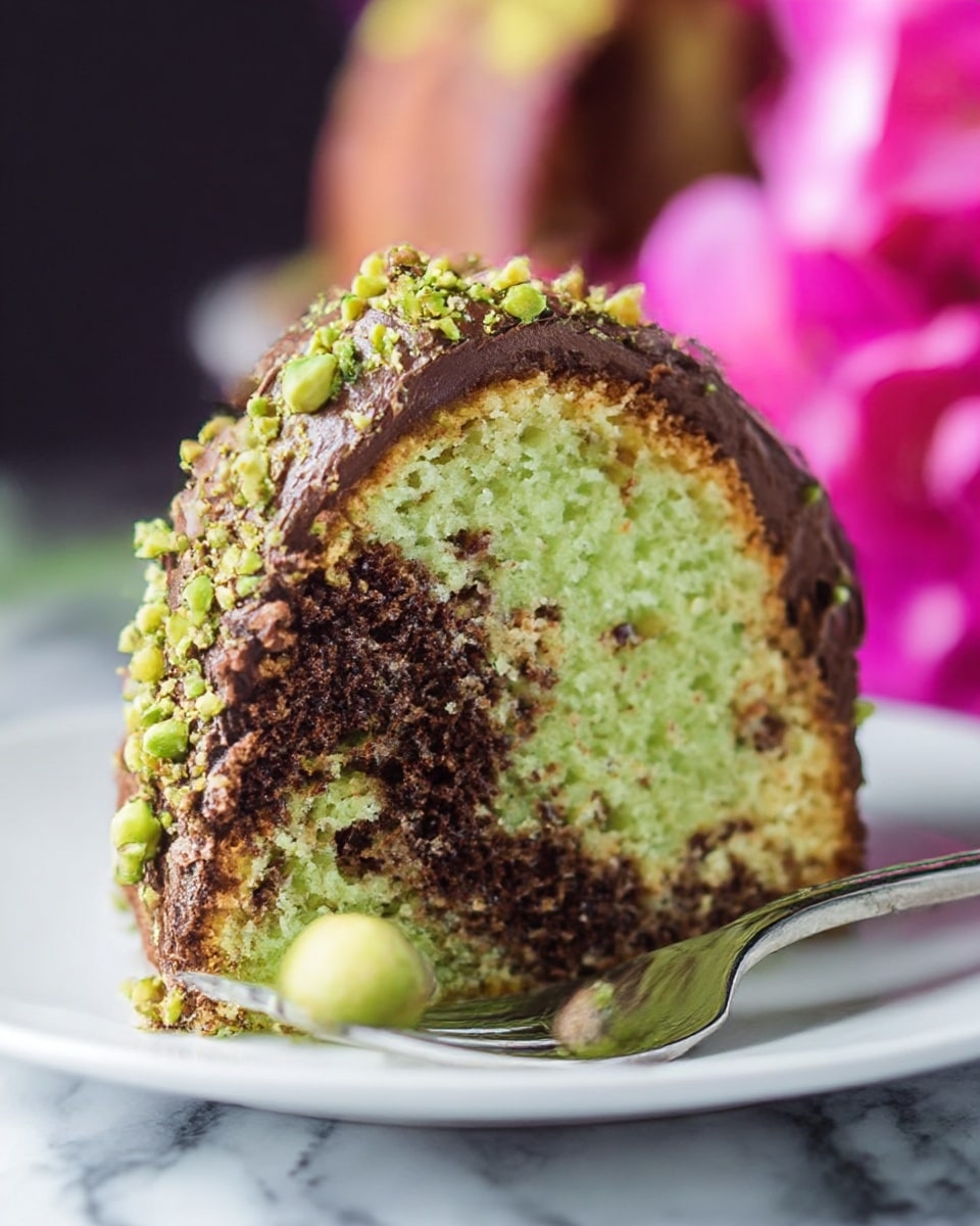 A close-up view of a round bundt cake with a smooth, dark chocolate glaze covering the top and sides. The glaze is thick and shiny, providing a rich texture, and it is generously sprinkled with crushed pistachios, which are green and yellow with a rough texture, scattered unevenly over the surface. The cake itself is golden brown, visible around the edges and through the hole in the center. The background is a white marbled texture. photo taken with an iphone --ar 4:5 --v 7