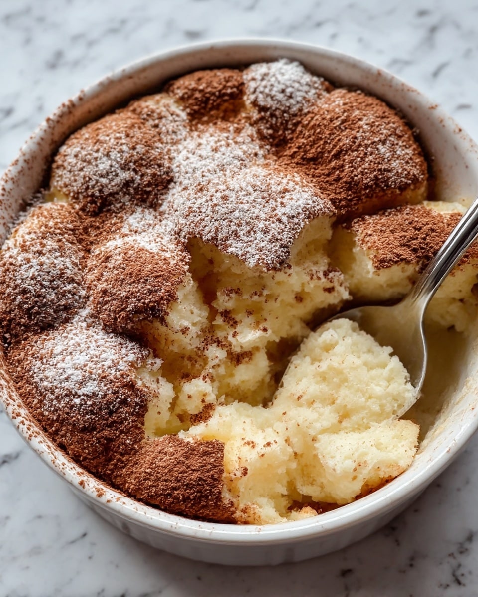 The image shows a white ceramic round dish filled with a soft, pale yellow cake with a slightly crumbly texture. The cake is topped with a light dusting of white powdered sugar and a thicker layer of cocoa powder, giving a mix of light and dark brown colors on the surface. Some pieces of the cake are broken and seem moist inside, revealing a fluffy inner texture. A metal spoon is partially stuck into the cake on the right side. The dish is placed on a white marbled textured surface. Photo taken with an iphone --ar 4:5 --v 7