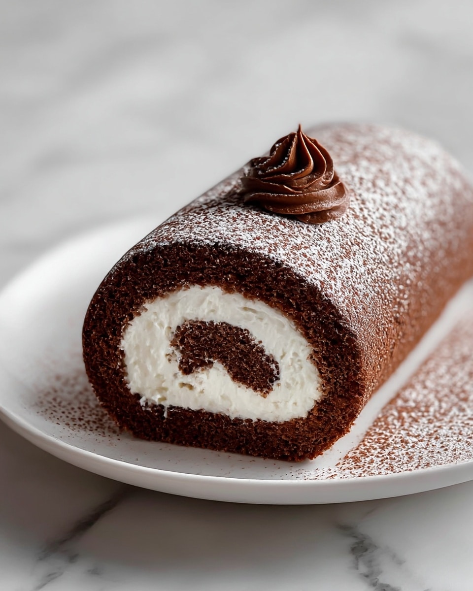 A chocolate roll cake on a white plate, with three visible layers: a dark brown soft sponge cake rolled around a thick, smooth white cream filling that spirals inward. The outside is dusted with powdered sugar and cocoa powder, creating a light speckled look. On top, there is a small swirl of chocolate frosting in the center. The plate sits on a white marbled surface, and the focus is close, showing texture details of the cake and cream. photo taken with an iphone --ar 4:5 --v 7