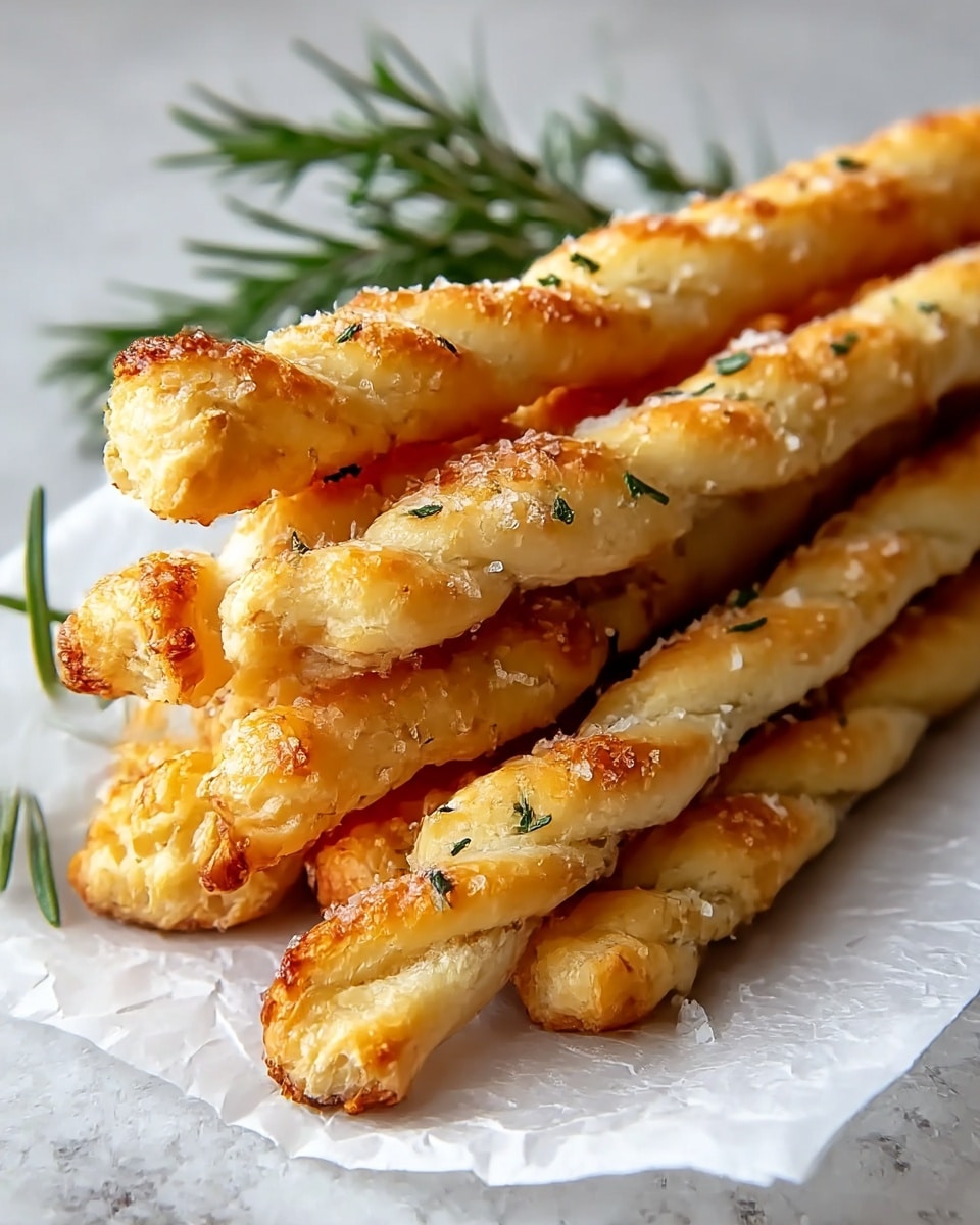 The image shows a close-up of a stack of six twisted breadsticks placed on a piece of white parchment paper, which is on a white marbled texture surface. The breadsticks are golden brown with a crispy, flaky texture and are sprinkled with coarse salt and small green herb pieces on top. Behind the breadsticks, there is a small bunch of green rosemary sprigs that add a fresh touch. The breadsticks are twisted in shape, giving them a layered look with slight browning on the edges. Photo taken with an iphone --ar 4:5 --v 7