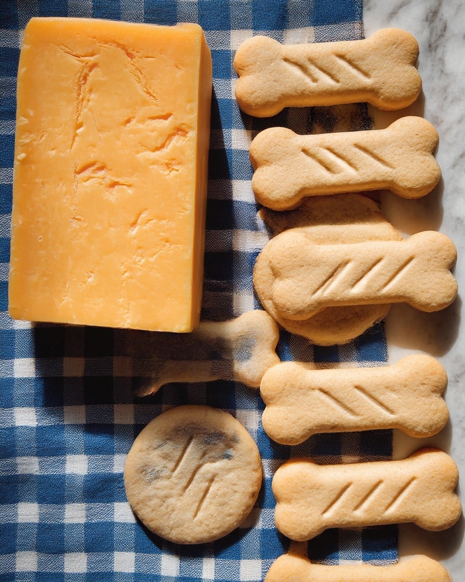 A close-up image shows a block of orange cheese on the left and a group of eight bone-shaped cookies arranged vertically and horizontally on a blue and white checkered cloth surface. The cheese block has a smooth texture with some uneven markings on the top and sides. The cookies are pale golden brown with slightly rough texture and faint diagonal indentations on their surface, evenly spaced and organized in two parallel rows on the right. The background is replaced with a white marbled texture. photo taken with an iphone --ar 4:5 --v 7