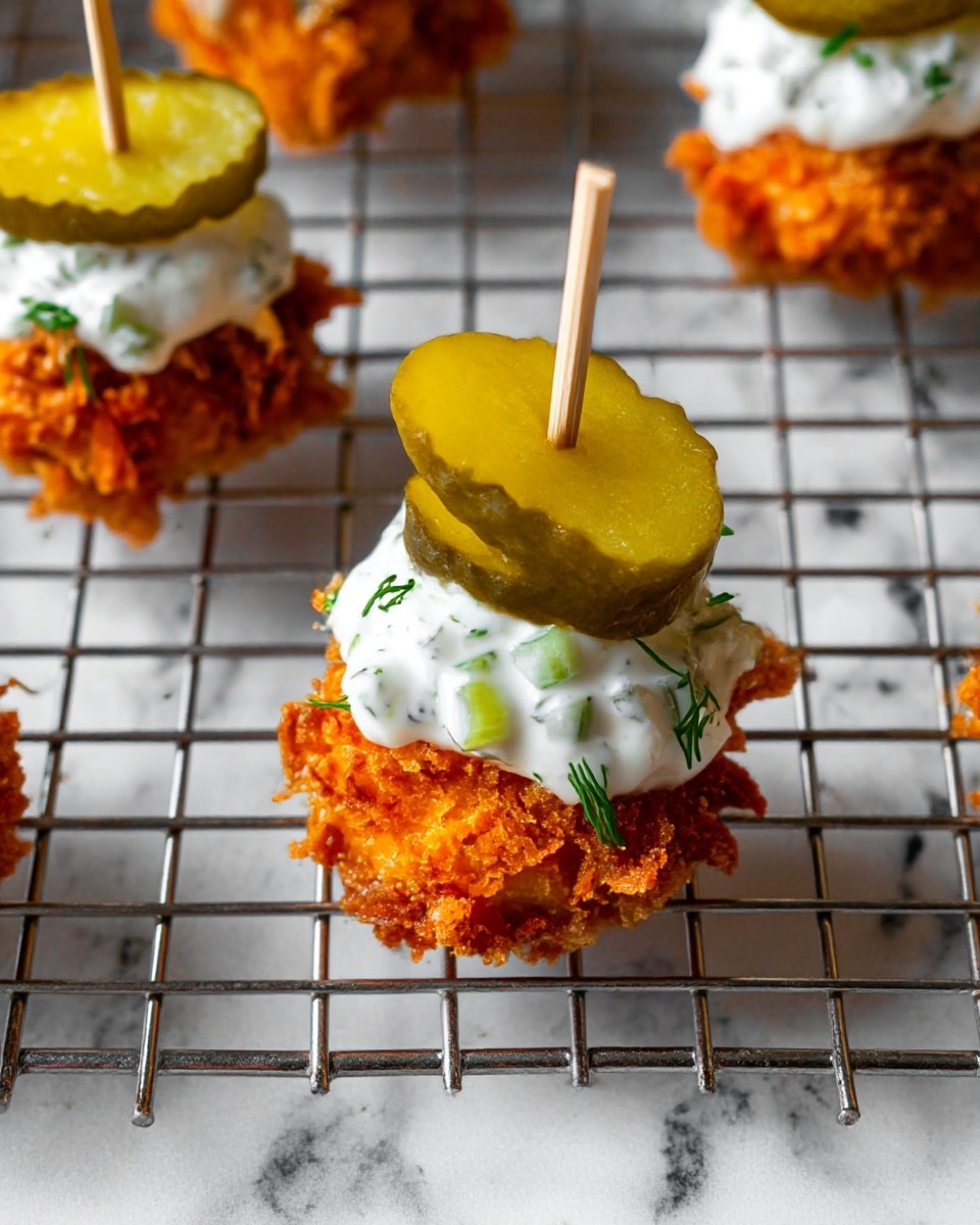The image shows small crispy fried bites with a rough, golden orange crust as the bottom layer, topped with a dollop of white creamy sauce with green herb pieces as the middle layer, and finished with a round yellow-green pickle slice secured by a small wooden skewer as the top layer, all set on a metal cooling rack over a white marbled surface. Photo taken with an iphone --ar 4:5 --v 7