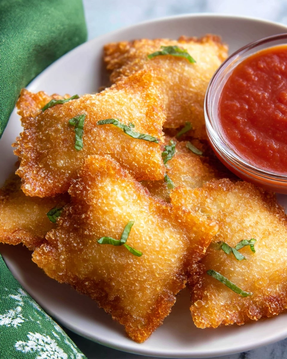 A close-up image showing five golden brown crispy fried ravioli pieces with a bubbly, crunchy texture on a white plate. The ravioli are arranged in a slightly overlapping cluster, with small green herb pieces sprinkled on top of them. To the right side of the ravioli, there is a small glass bowl filled with smooth red marinara sauce, partially visible. The plate rests on a white marbled surface with a green cloth featuring a white floral pattern underneath the plate’s left edge. Photo taken with an iphone --ar 4:5 --v 7