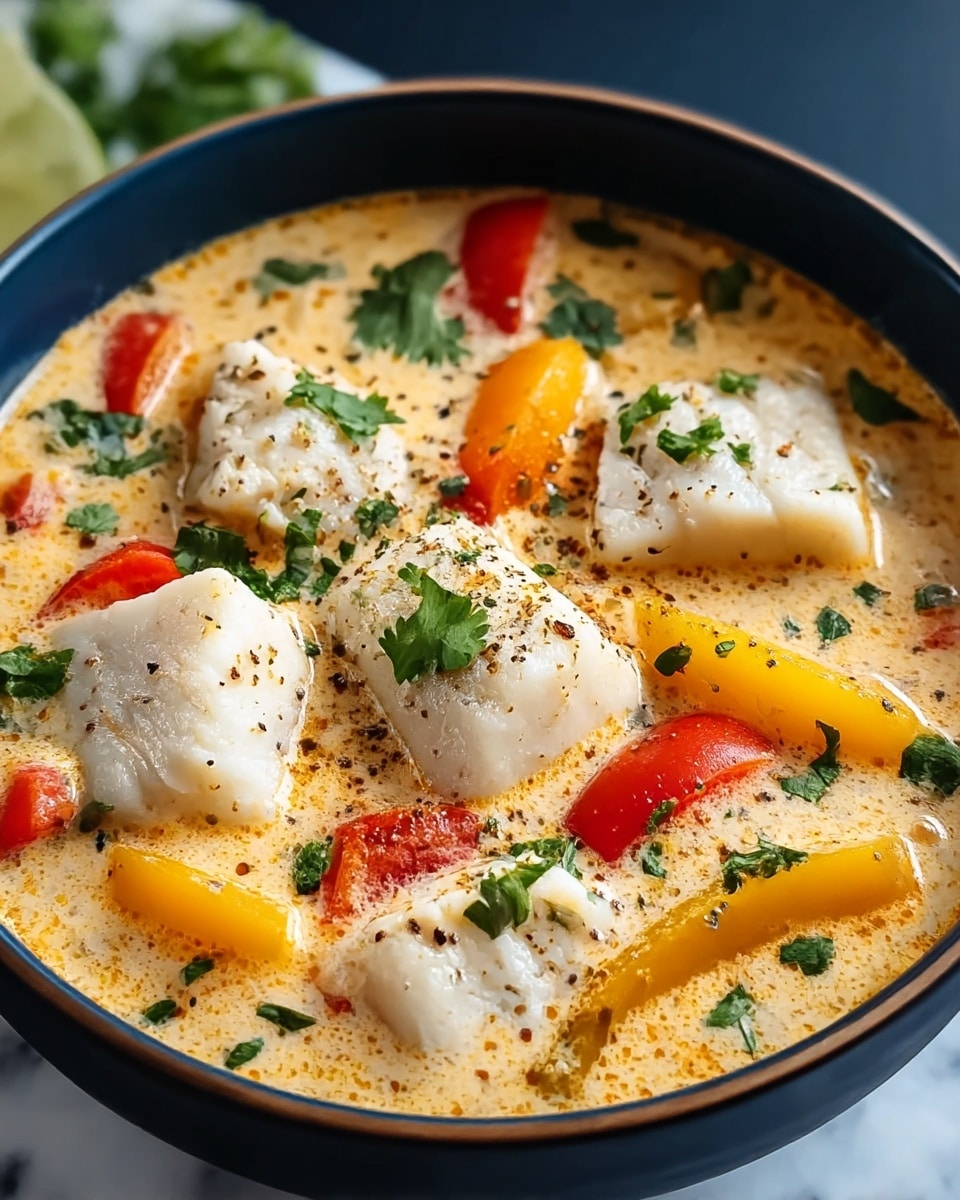 A dark blue bowl filled with creamy orange-colored soup, with large white chunks of fish or tofu floating on the surface. Scattered around are small bright red and yellow pieces of vegetables, possibly tomatoes and peppers, along with green chopped herbs sprinkled on top. The soup has a smooth, slightly oily texture with lifted small bubbles and specks of black pepper. The bowl sits on a white marbled surface with part of a white lemon wedge and some green leaves visible in the background. Photo taken with an iphone --ar 4:5 --v 7