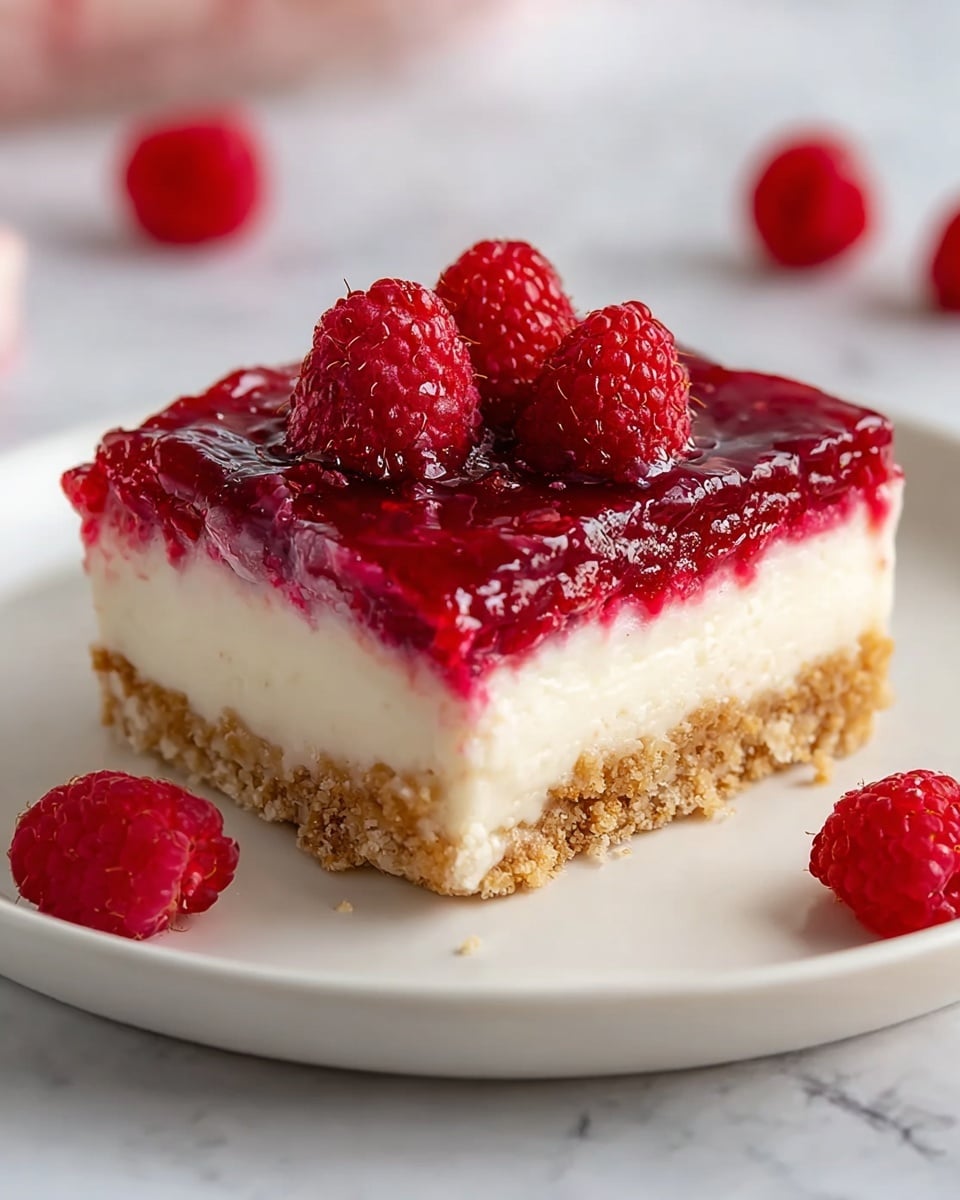 A square dessert bar with three visible layers sits on a white plate over a white marbled surface. The bottom layer is crumbly and light golden brown, looking like crushed cookies or graham crackers. The middle layer is thick, smooth, and creamy white, resembling a rich cheesecake filling. The top layer is a shiny, deep red raspberry glaze with a slightly textured surface, topped with three whole fresh raspberries that add a natural, slightly rough detail. There are also a few loose raspberries scattered around the plate. Photo taken with an iphone --ar 4:5 --v 7