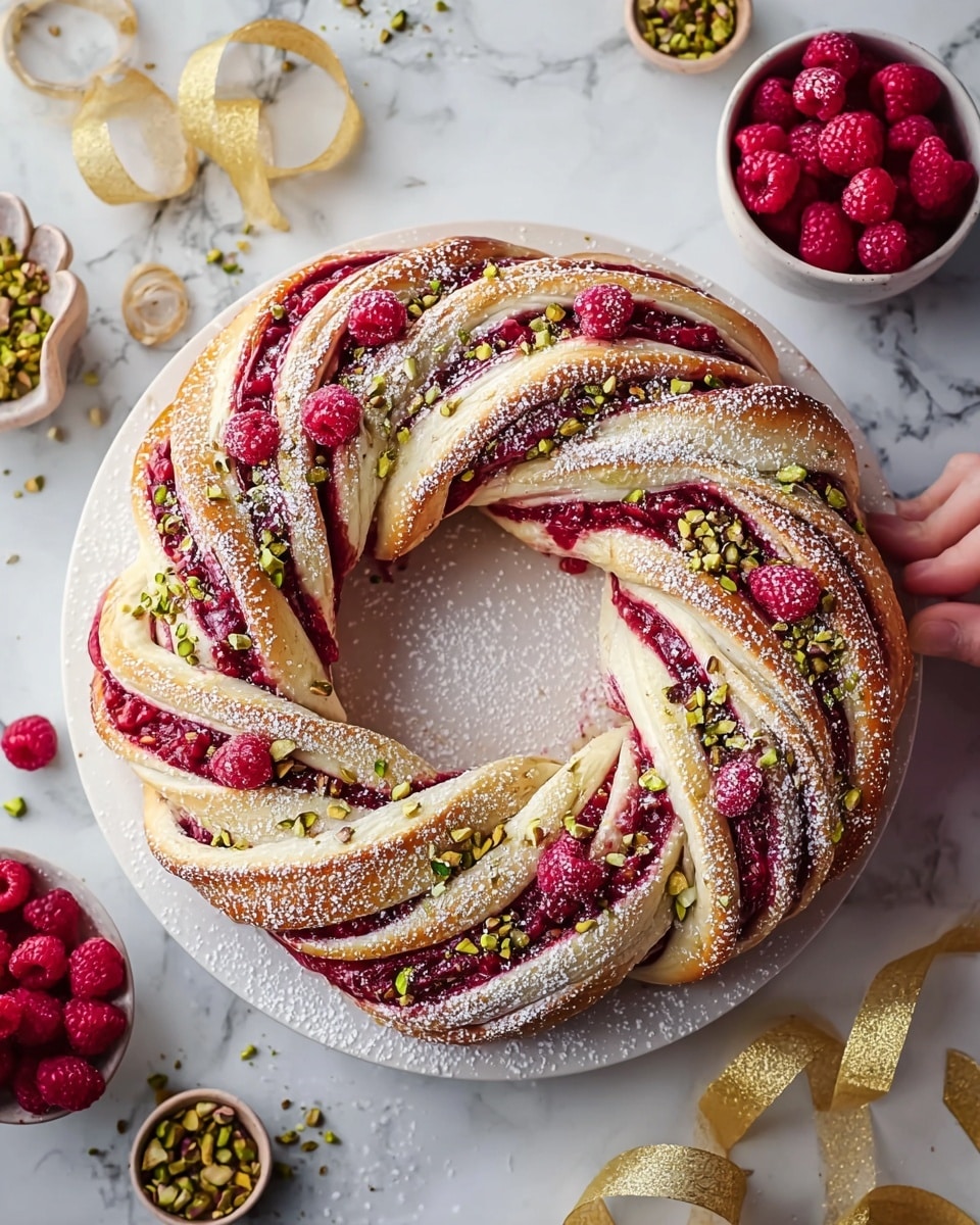 A braided wreath made of twisted dough with two visible layers: a light golden-brown dough layer and a deep red raspberry filling layer that spirals through the braid. The wreath is topped with fresh whole raspberries and chopped green pistachios scattered evenly, along with a light dusting of powdered sugar over the top. The wreath sits on a white plate placed on a white marbled surface, surrounded by small bowls of raspberries and pistachios, and some gold ribbons. photo taken with an iphone --ar 4:5 --v 7