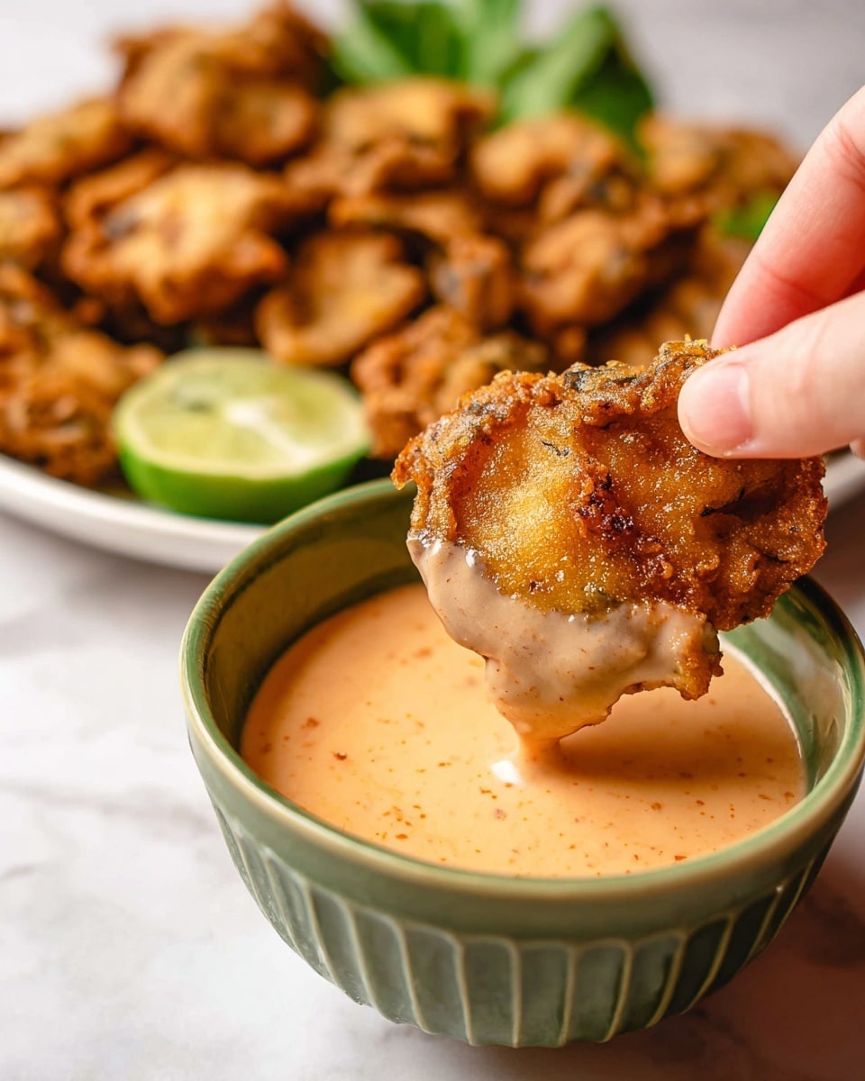 A close-up image shows a woman's hand holding a golden-brown fried piece of food that is dipped halfway into a creamy light orange sauce with specks of seasoning in a green small bowl. In the background, there is a white plate filled with more fried pieces and some green leafy garnish and lime slices slightly blurred, all placed on a white marbled surface. The focus is mainly on the dipped fried piece and the sauce, highlighting the crispy texture and creamy sauce coating. photo taken with an iphone --ar 4:5 --v 7