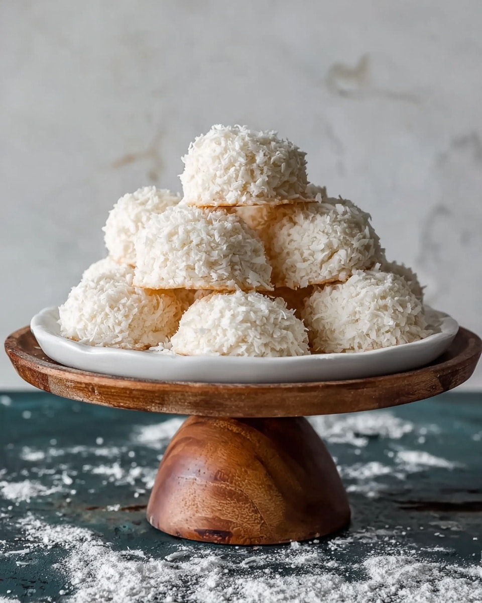 A stack of eight round, fluffy white coconut macaroons with a rough, textured surface is piled on a white plate, which sits on a wooden cake stand with a thick pedestal base; the macaroons are unevenly shaped, showing their soft, moist interior peeking through the coconut flakes. The background is a soft white marbled texture, and the whole setup sits on a dark, worn surface with scattered white powder. photo taken with an iphone --ar 4:5 --v 7