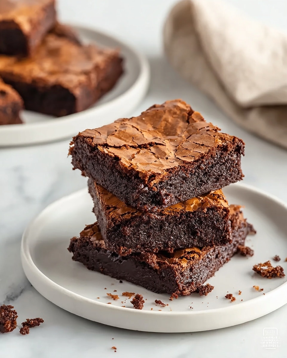 Three square brownies sit stacked slightly uneven on a white plate placed on a white marbled surface. Each brownie shows a cracked, shiny top layer that is a rich, dark brown with a slightly lighter crust, revealing a dense, moist, and fudgy inner layer of deep chocolate color beneath. A few crumbs and small pieces of brownie surround the stack on the plate and marbled surface. In the background, a second white plate with two more brownies is partially visible, along with a beige cloth. The light highlights the texture of the cracked top and moist interior of the brownies. photo taken with an iphone --ar 4:5 --v 7
