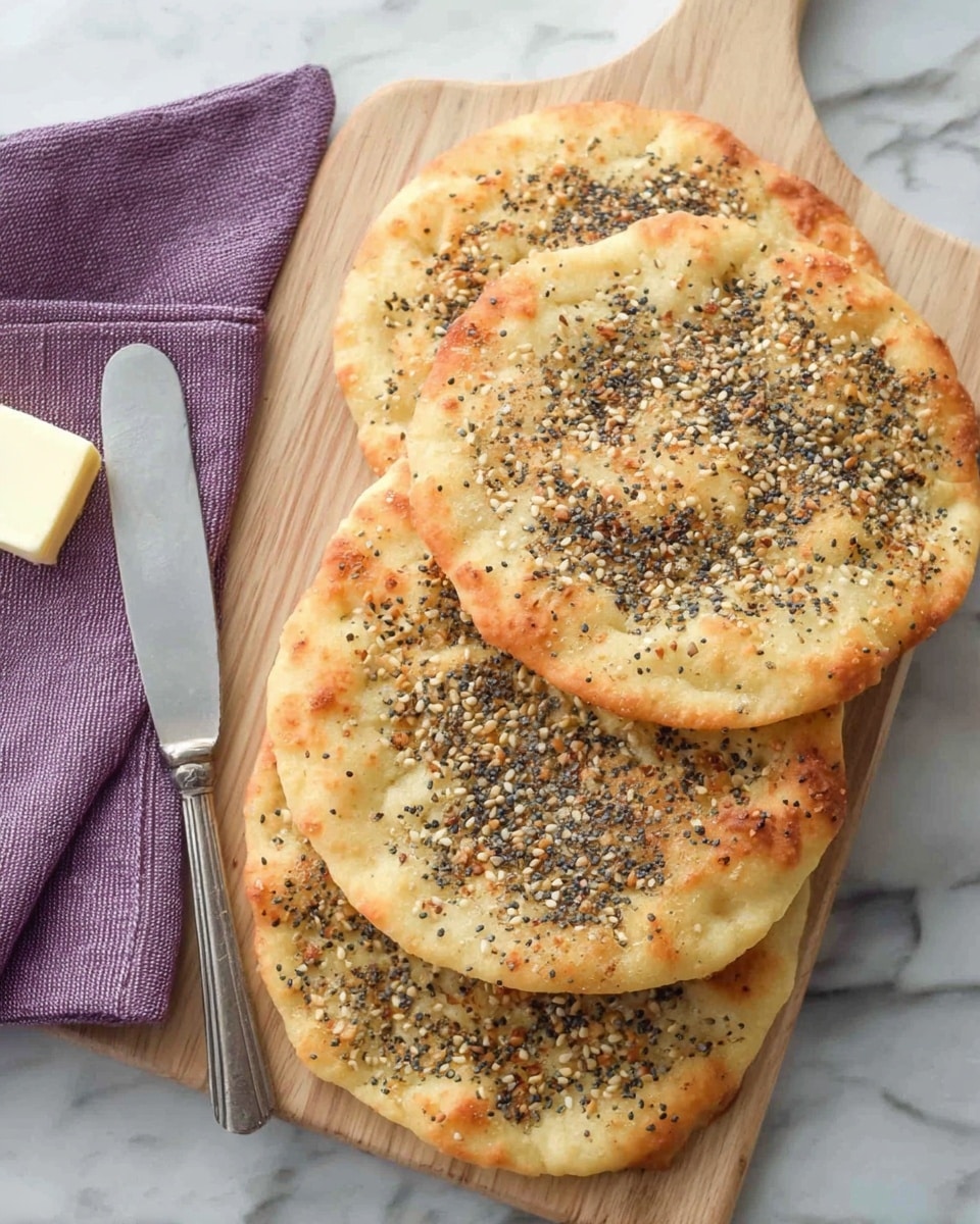 Four round flatbreads are stacked slightly on a wooden cutting board against a white marbled surface. Each flatbread is golden brown with a sprinkle of seeds and spices in black, white, and brown colors spread evenly on top. The flatbreads have a slightly rough texture with crispy edges. On the left side of the cutting board, there is a silver knife with a small white cube of butter on the blade. The background includes a white square dish with more seeds and spices and a hint of a white bowl. Photo taken with an iphone --ar 4:5 --v 7
