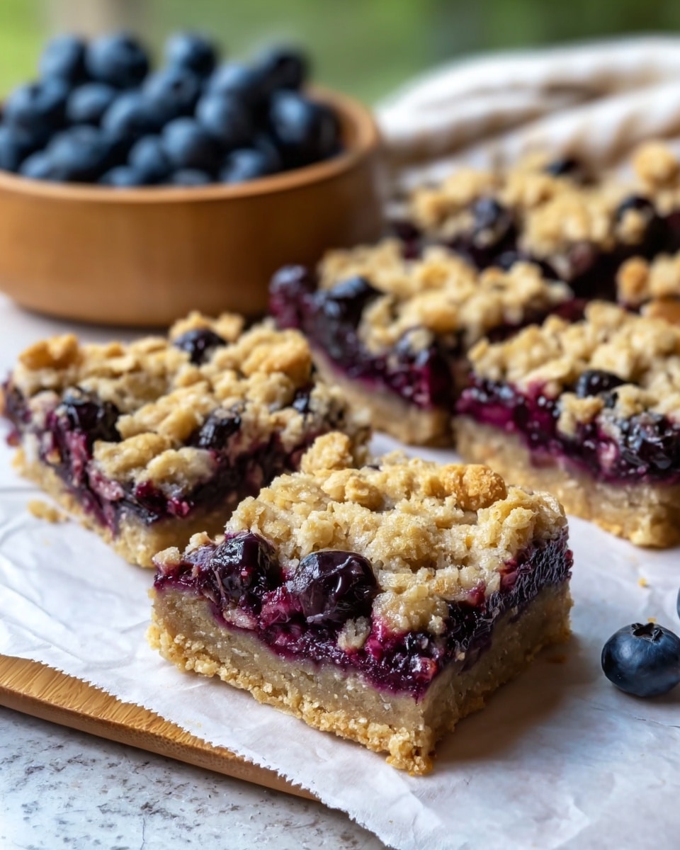 The image shows several rectangular blueberry oat bars placed on white parchment paper over a white marbled surface. Each bar has three visible layers: the bottom layer is a pale, crumbly oat crust; the middle layer is filled with dark purple blueberries that look juicy and slightly cooked; the top layer is a golden-brown oat crumble, uneven and textured. The bars are cut into different sizes, with the closest one at the front of the image. There is a wooden round bowl filled with fresh blueberries in the background, slightly out of focus. The image has natural daylight and the photo was taken with an iphone --ar 4:5 --v 7
