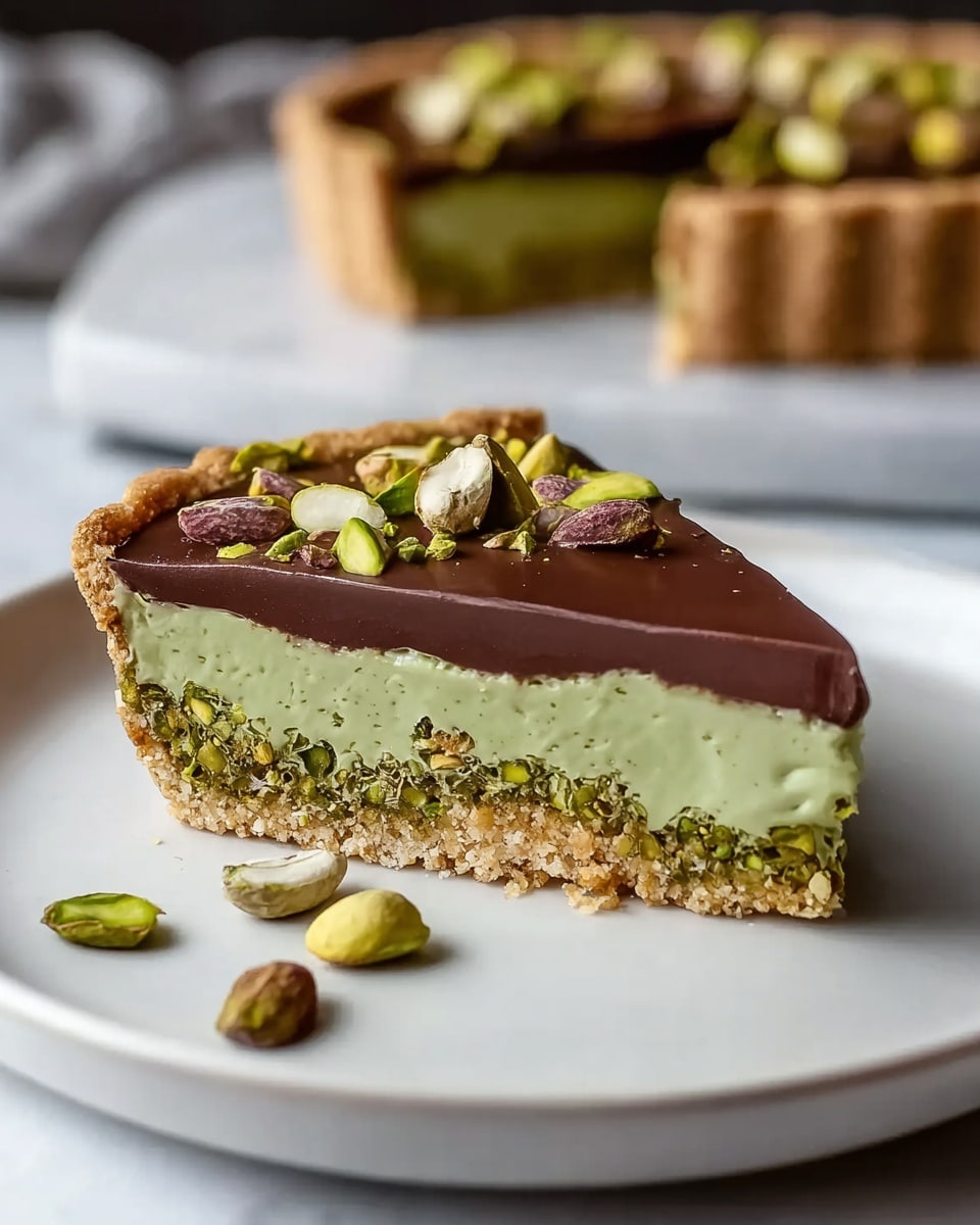 A close-up of a tart with three layers on a white plate, placed on a white marbled surface. The bottom layer is a crumbly, light brown crust holding the tart together. The middle layer is thick and pale green with visible pieces of pistachio nuts embedded inside. The top layer is smooth and dark brown chocolate, covering the green layer evenly. On top of the chocolate layer, there are scattered whole and halved pistachio nuts. The tart is cut in half, showing the distinct layers clearly. Photo taken with an iphone --ar 4:5 --v 7