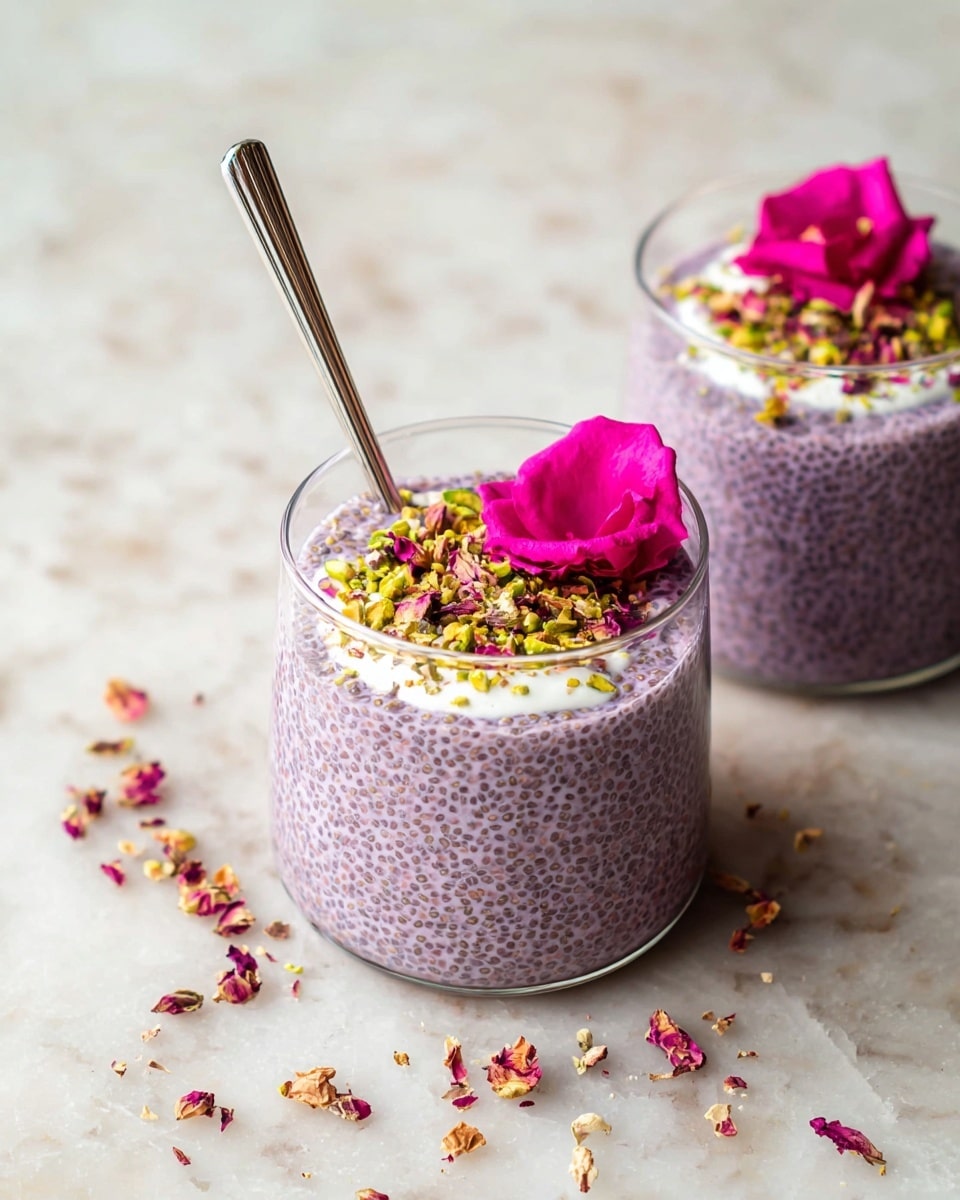 Two clear round glasses of purple chia seed pudding sit on a white marbled surface, each pudding showing small, evenly distributed chia seeds throughout. On top of each pudding is a white cream dollop, sprinkled with chopped green pistachios and dried rose petals adding texture and color. A bright pink edible flower rests on the cream layer of the front glass. A shiny silver metal straw is inserted into the front pudding, leaning slightly to the side. Scattered around the glasses are small pieces of dried rose petals that add to the scene's delicate detail. Photo taken with an iphone --ar 4:5 --v 7