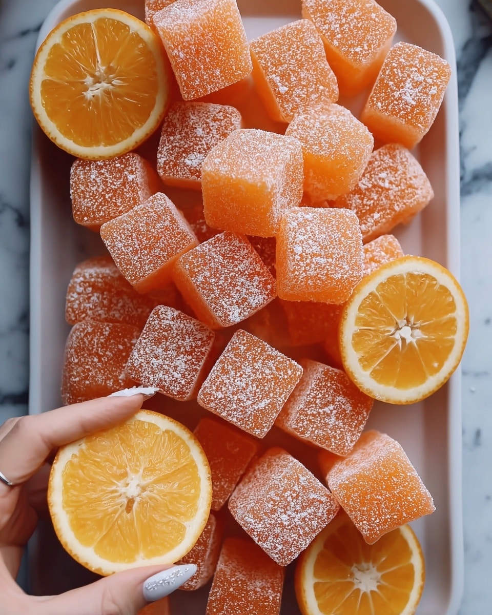 The image shows a close-up of a white tray filled with bright orange gummy-like cubes coated with a light layer of white powdered sugar, giving them a slightly frosted look. Scattered among the cubes are halved oranges, their juicy, vibrant orange interiors facing up, adding a fresh and natural contrast to the sugar-coated sweets. A woman's hand is gently holding one of the halved oranges in the bottom left corner of the image. The whole scene sits on a white marbled surface, enhancing the bright colors of the orange treats and fruit. photo taken with an iphone --ar 4:5 --v 7