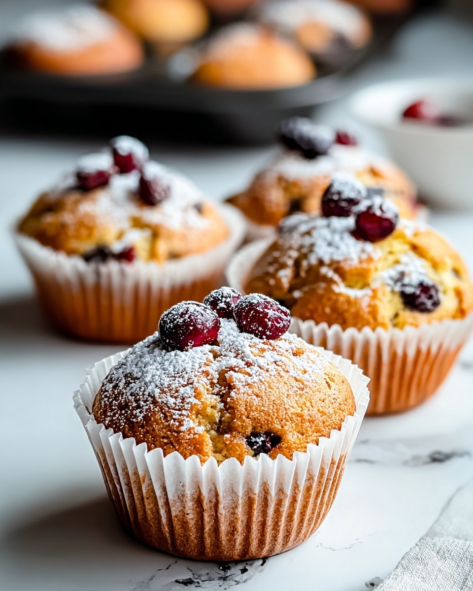 Four golden-brown muffins with a slightly rough texture sit on a white marbled surface, each wrapped in crinkled white paper liners. The muffins are topped with a light dusting of white powdered sugar and decorated with three to four dark red cranberries on each top, adding a pop of color. The background has a soft blur with more muffins and a dark pan slightly visible, creating a cozy kitchen feel. The focus is on the front muffin, showing its moist and fluffy texture clearly. photo taken with an iphone --ar 4:5 --v 7