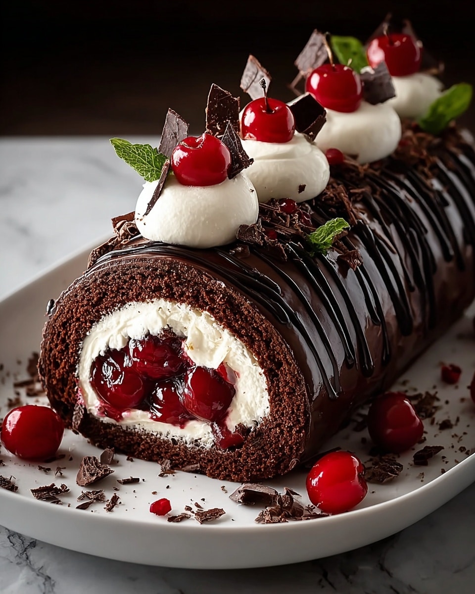 A chocolate roll cake is sliced to show its inside layers: a dark brown chocolate sponge on the outside, a thick white cream layer, and a center filled with bright red cherries covered in a glossy cherry sauce. The outside is coated in shiny dark chocolate ganache with thin chocolate drizzle lines across the top. On top of the roll are five dollops of white whipped cream, each topped with a red cherry and some have dark chocolate shavings and small green leaves. The roll sits on a white plate with more cherries and chocolate shavings scattered around, on a white marbled surface. Photo taken with an iphone --ar 4:5 --v 7