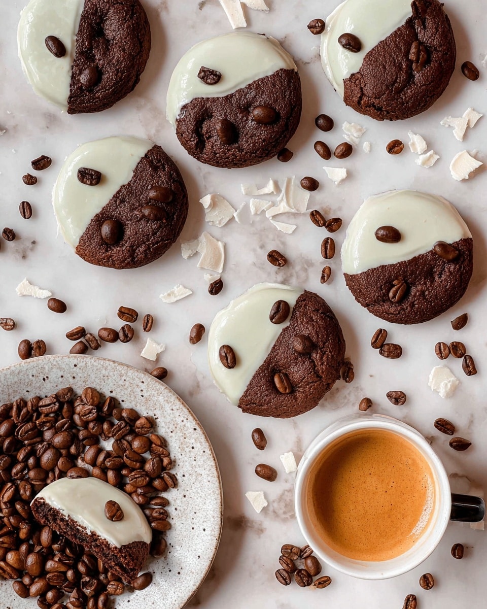 The image shows several round chocolate cookies, each half dipped in white chocolate, creating a half-and-half look with contrasting dark brown and creamy white colors. Each cookie is topped with three dark coffee beans arranged closely together. One cookie is broken in half, showing a soft, chewy interior. They are spread on a white marbled surface sprinkled with scattered coffee beans and white chocolate shavings. On the right side, there's a white cup filled with light brown coffee, also topped with three coffee beans. Near the bottom left, a cup of espresso sits on a white speckled plate surrounded by many coffee beans, the espresso showing a rich golden crema on top. The whole scene is well-lit and neatly arranged in an inviting and cozy way. photo taken with an iphone --ar 4:5 --v 7