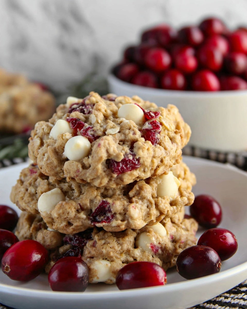 The image shows a stack of four thick, chunky oatmeal cookies with visible pieces of white chocolate and red cranberries throughout each cookie. The cookies are light brown with a rough, crumbly texture and some red cranberry bits poking out clearly. They are placed on a white plate, with three whole fresh cranberries beside the cookies on the plate. A white bowl filled with more fresh cranberries is blurred in the background, along with a white marbled surface. photo taken with an iphone --ar 4:5 --v 7