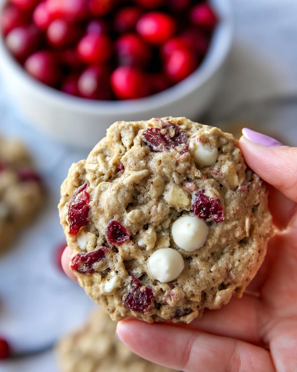 A close-up of a single oatmeal cookie being held by a woman's hand, showing its rough texture with visible oats and large red cranberry pieces mixed throughout. The cookie is light brown with white chunks of white chocolate embedded inside. In the blurred background, there is a white bowl filled with bright red cranberries on a white marbled surface. photo taken with an iphone --ar 4:5 --v 7
