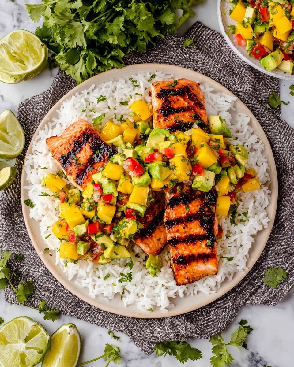 The image shows two grilled salmon fillets with dark grill marks, placed on a bed of white rice arranged in a ring around the edge of a white plate. On top of and around the salmon, there is a colorful mango salsa made of small yellow mango cubes, green avocado chunks, red bell pepper pieces, and finely chopped herbs. The plate is set on a gray striped cloth with lime wedges and green cilantro scattered around on a white marbled surface. Photo taken with an iphone --ar 4:5 --v 7