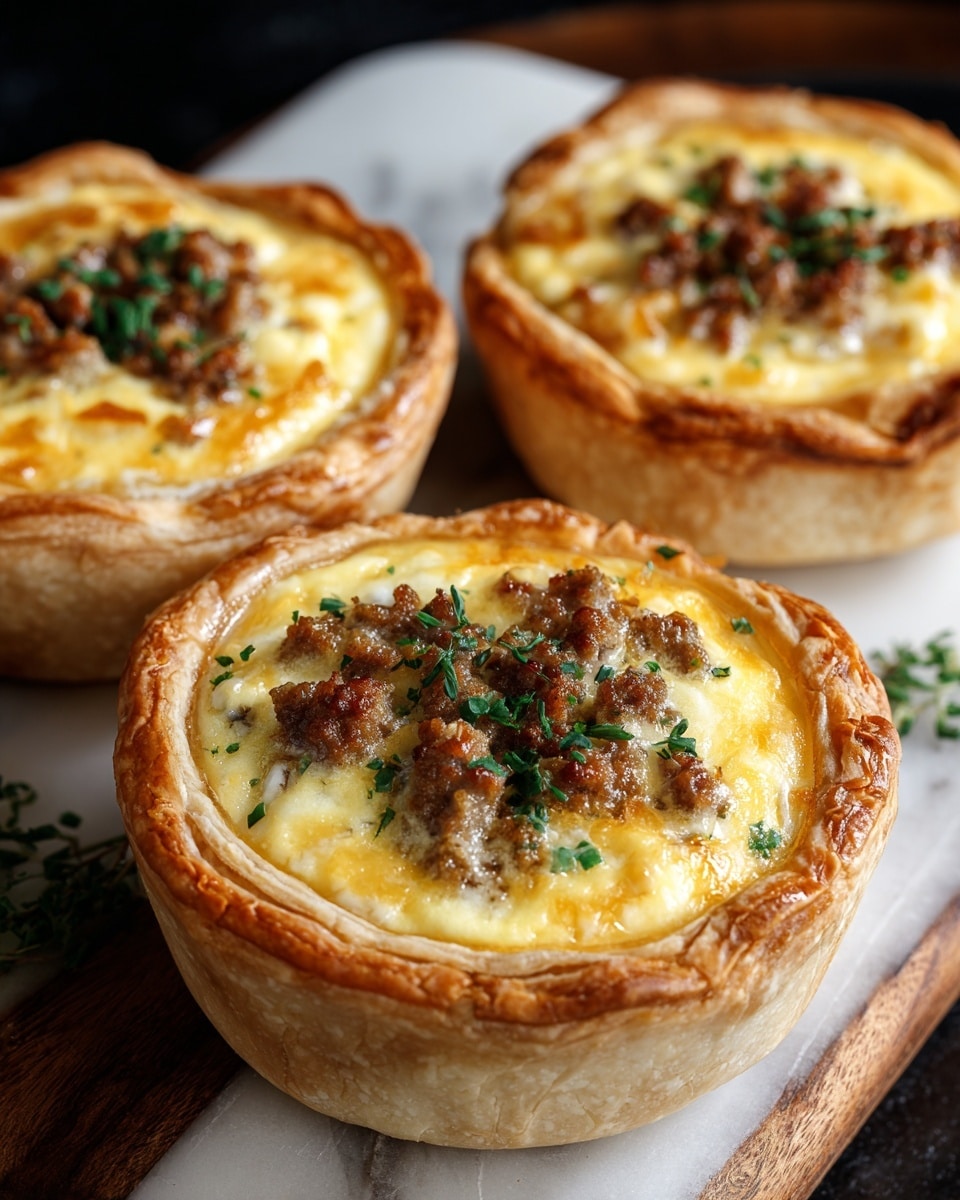 Three small round pies are placed closely together, each with a golden-brown, flaky crust forming a thick outer layer with textured edges. Inside the crust, there is a creamy yellow filling with a slightly browned, smooth surface. On top, small pieces of browned sausage and scattered green herbs add texture and color contrast, mainly at the center. The pies sit on a white marbled textured wooden board. Photo taken with an iphone --ar 4:5 --v 7