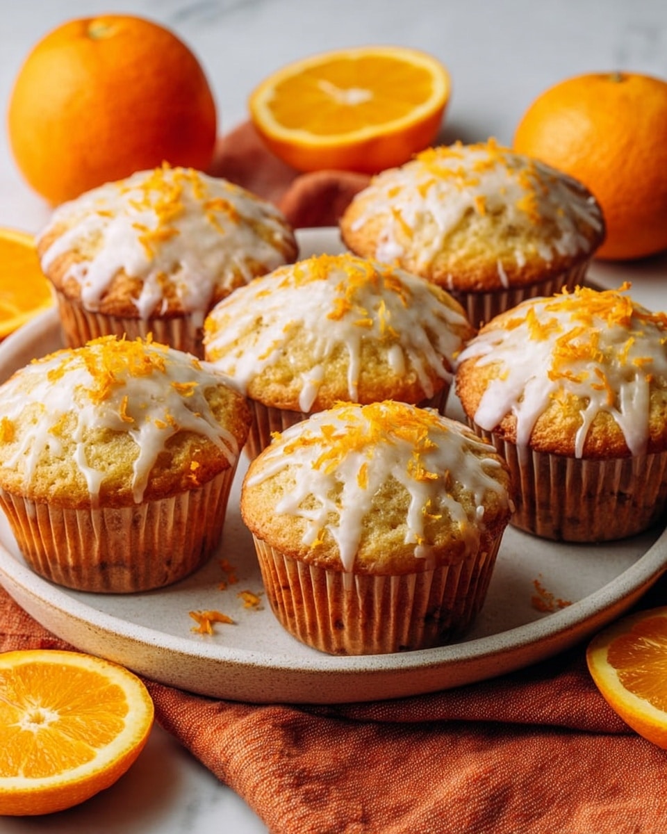 Six orange muffins are shown on a round white plate. Each muffin has a golden-brown base with a light yellow top that is slightly cracked. The tops are drizzled with white icing and sprinkled with bright orange zest. Around the plate, there are fresh orange slices and whole oranges. The setting is on a white marbled texture surface with an orange cloth partially visible beneath the plate. photo taken with an iphone --ar 4:5 --v 7