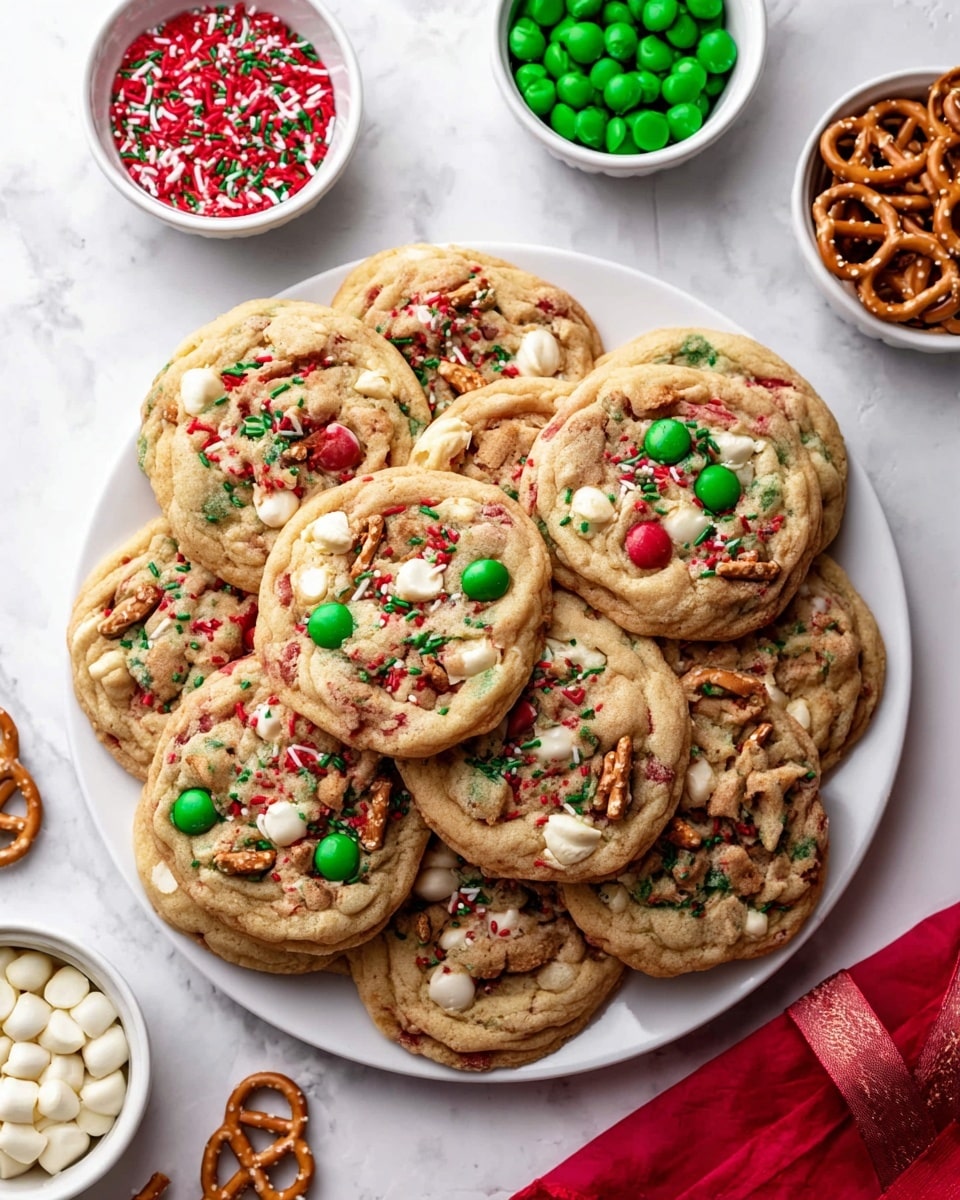 A round white plate holds a stack of about twelve thick, soft-looking cookies. Each cookie has a light golden-brown color and is loaded with colorful green and red candy pieces, white chocolate chips, and small pretzel pieces that add texture and a crunchy look. Red and green sprinkles are scattered on top of and inside the cookies, giving them a festive, vibrant appearance. Around the plate, there are three small white bowls: one with red and green candy pieces, one with white chocolate chips, and another with pretzels. The scene is set on a white marbled surface with a red ribbon partially visible near the bottom right corner. photo taken with an iphone --ar 4:5 --v 7