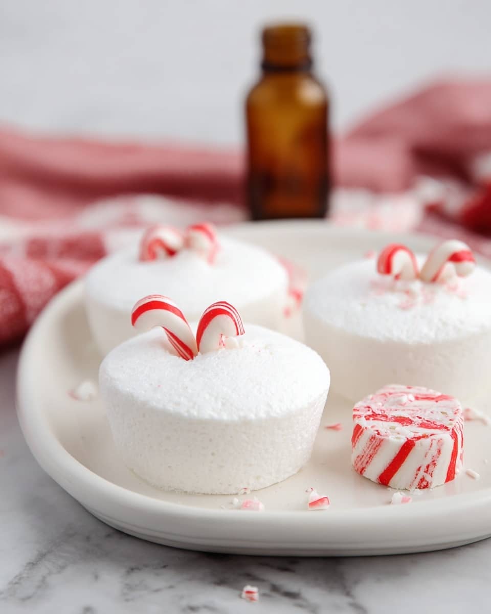 The image shows three white, round, foamy cups on a white plate. Each cup has two small candy cane pieces sticking out on top, which are white with red stripes. Next to the cups is a round peppermint candy with red and white stripes. The plate sits on a white marbled surface, and in the blurry background, there is a small brown bottle and more similar white cups. The lighting is soft and natural. photo taken with an iphone --ar 4:5 --v 7