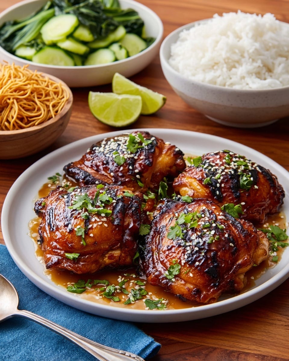 The image shows a white plate with four thick, shiny pieces of grilled chicken thighs that are deep golden brown with char marks and a glossy glaze. The chicken is sprinkled with white sesame seeds and chopped green herbs, placed close together in the center of the plate with some sauce pooling underneath. Behind it, there are three white bowls: one filled with fluffy white rice, another with bright green cooked bok choy and cucumber slices, and the last one holding light brown crispy noodles. There are also two lime wedges placed near the plate. The setting includes a wooden table surface and a blue cloth napkin next to a silver spoon. Photo taken with an iphone --ar 4:5 --v 7