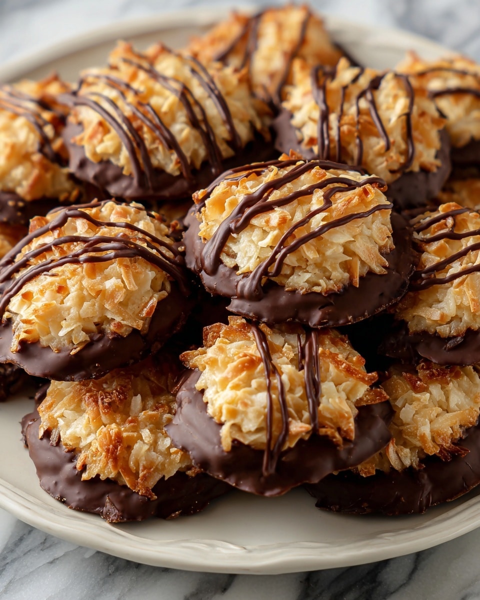 A close-up view of a plate filled with coconut cookies that have two layers: the bottom half is a smooth, dark chocolate layer with a shiny texture, while the top half is made of golden toasted coconut flakes that look crunchy and slightly caramelized. Each cookie is drizzled with thin lines of dark chocolate across the top, adding extra decoration. The cookies are arranged closely together on a white plate, which is set on a white marbled surface, showing off the mix of rich chocolate and light coconut colors. photo taken with an iphone --ar 4:5 --v 7