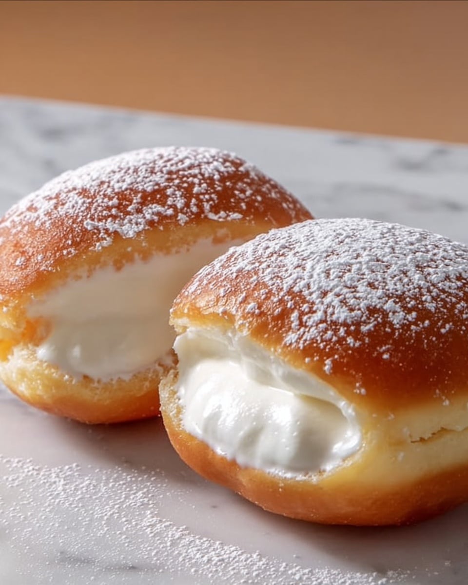 Two soft, round doughnuts are cut in half, each showing a thick white creamy filling inside. The doughnuts have a golden-brown outer layer lightly dusted with white powdered sugar. The creamy filling is smooth and shiny and looks fluffy, taking up the inside center of each doughnut. They sit on a white marbled surface with soft natural light that highlights the texture of the doughnuts and filling. photo taken with an iphone --ar 4:5 --v 7