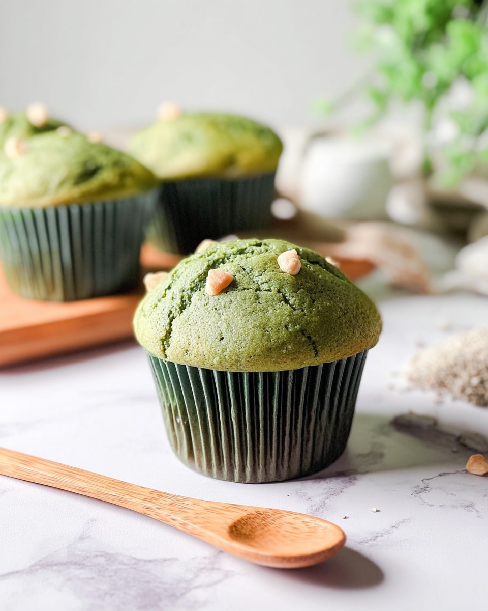 A close-up view of a single green muffin in a dark green ridged paper liner, topped with small light brown chunks. The muffin has a slightly cracked, soft green top with a slightly rough texture. In the background, there are three more green muffins stacked on a wooden board, all with the same color and texture. The setting includes a white marbled surface with a light wooden spoon placed in the foreground and a blurred green plant on the right. Photo taken with an iphone --ar 4:5 --v 7