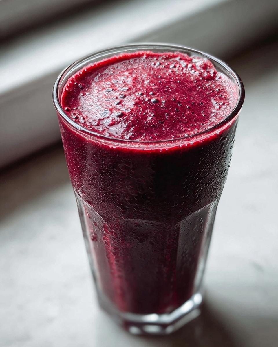 A close-up view of a tall clear glass filled with a thick, dark magenta smoothie. The smoothie has a slightly frothy texture on top with tiny bubbles visible throughout. The glass is covered with small water droplets, showing condensation. The drink is set against a soft white marbled surface near a window with natural light coming in, highlighting the deep rich color and texture of the smoothie. photo taken with an iphone --ar 4:5 --v 7
