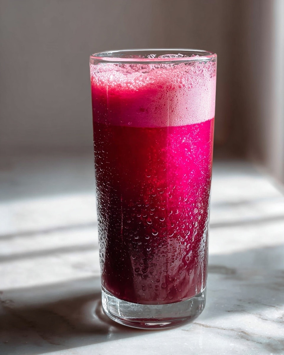 A tall clear glass filled with a bright magenta juice, showing two visible layers: a darker, almost ruby red layer at the bottom and a lighter, frothy pink foam layer on top. Tiny droplets of condensation cover the outside of the glass, giving it a fresh and cold look. The glass stands on a white marbled surface with soft natural light coming from the side creating gentle shadows. photo taken with an iphone --ar 4:5 --v 7