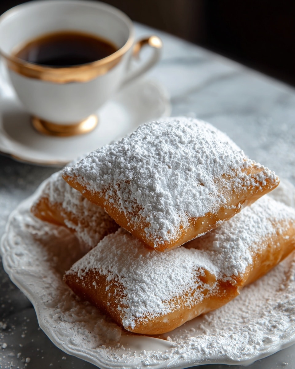 A close-up of three square, golden brown beignets stacked on a white ornate plate, each covered with a thick layer of white powdered sugar that adds a soft, powdery texture on top; in the background, a blurred white cup with a gold rim and handle sits on a matching saucer filled with dark coffee, all placed on a white marbled surface sprinkled lightly with powdered sugar, photo taken with an iphone --ar 4:5 --v 7