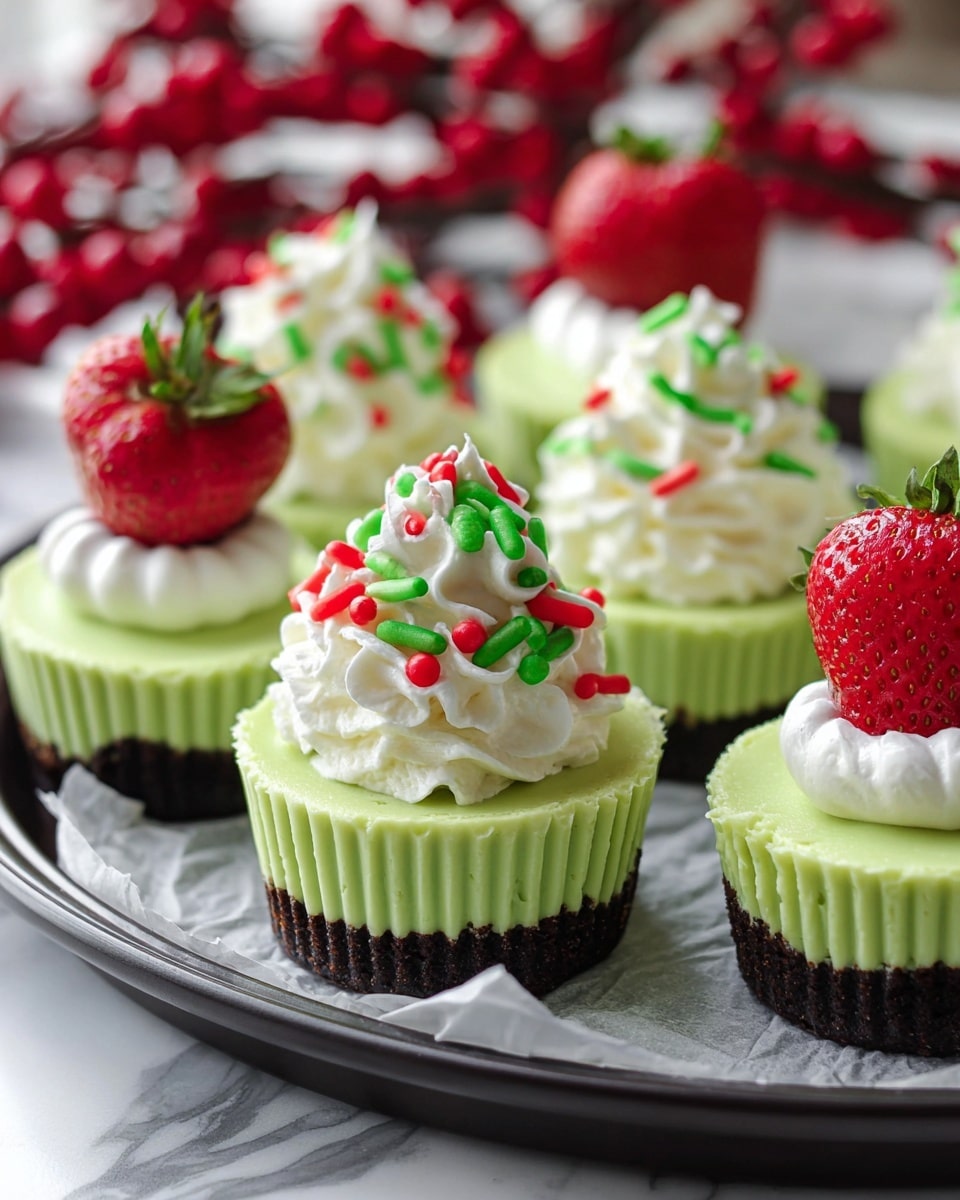 The image shows a group of green mini cheesecakes in white baking cups arranged on a dark round tray lined with parchment paper. Each cheesecake has a smooth light green layer on top and a dark brown crust layer at the bottom. On one cheesecake in the front, there is a swirl of white whipped cream topped with green and red sprinkles shaped like small sticks and hearts. Surrounding this, some cheesecakes are decorated with a whole red strawberry placed upright with a dollop of white whipped cream at the base and a smaller dollop on the top of the strawberry. In the background, red berries on branches add a festive feel, and the whole scene is set on a white marbled surface. Photo taken with an iphone --ar 4:5 --v 7