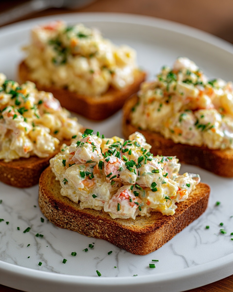 The image shows four slices of toasted golden bread arranged on a white plate with a white marbled texture underneath. Each toast slice has a thick layer of creamy seafood salad on top, with visible chunks of white and orange pieces, likely crab or lobster, mixed in a pale dressing. The seafood mix is slightly glossy and textured with a sprinkle of finely chopped green herbs scattered over the top. The toast crusts are browned and crisp, and the plate catches some of the small herb bits around the edges. Photo taken with an iphone --ar 4:5 --v 7