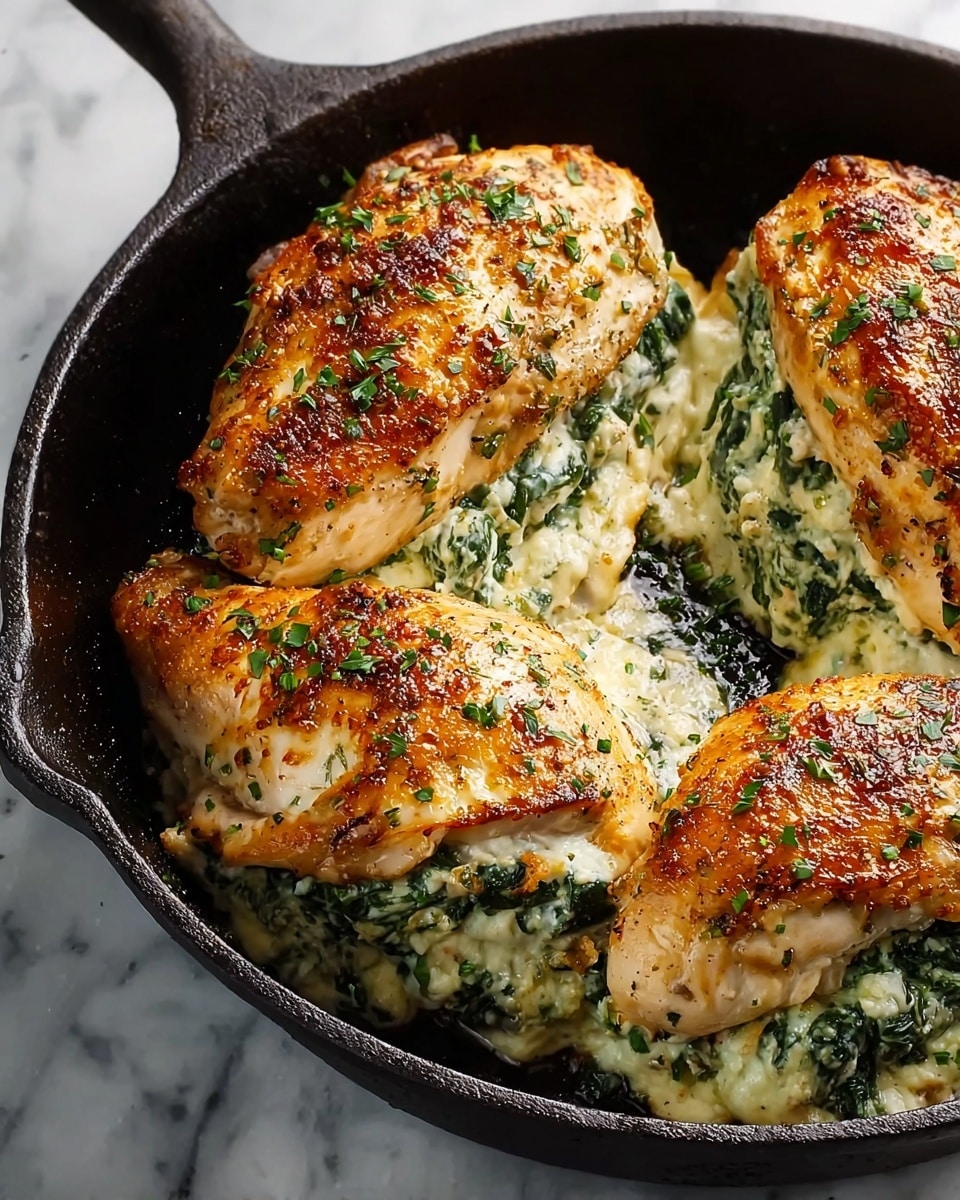The image shows four cooked chicken breasts in a black cast iron pan, each breast filled with a creamy white and green spinach cheese stuffing visible in the middle layer. The chicken breasts have a golden brown crust with small green herb pieces sprinkled on top. The creamy filling appears soft and slightly oozing, contrasting with the crispy outer chicken layer. The pan sits on a white marbled surface. photo taken with an iphone --ar 4:5 --v 7