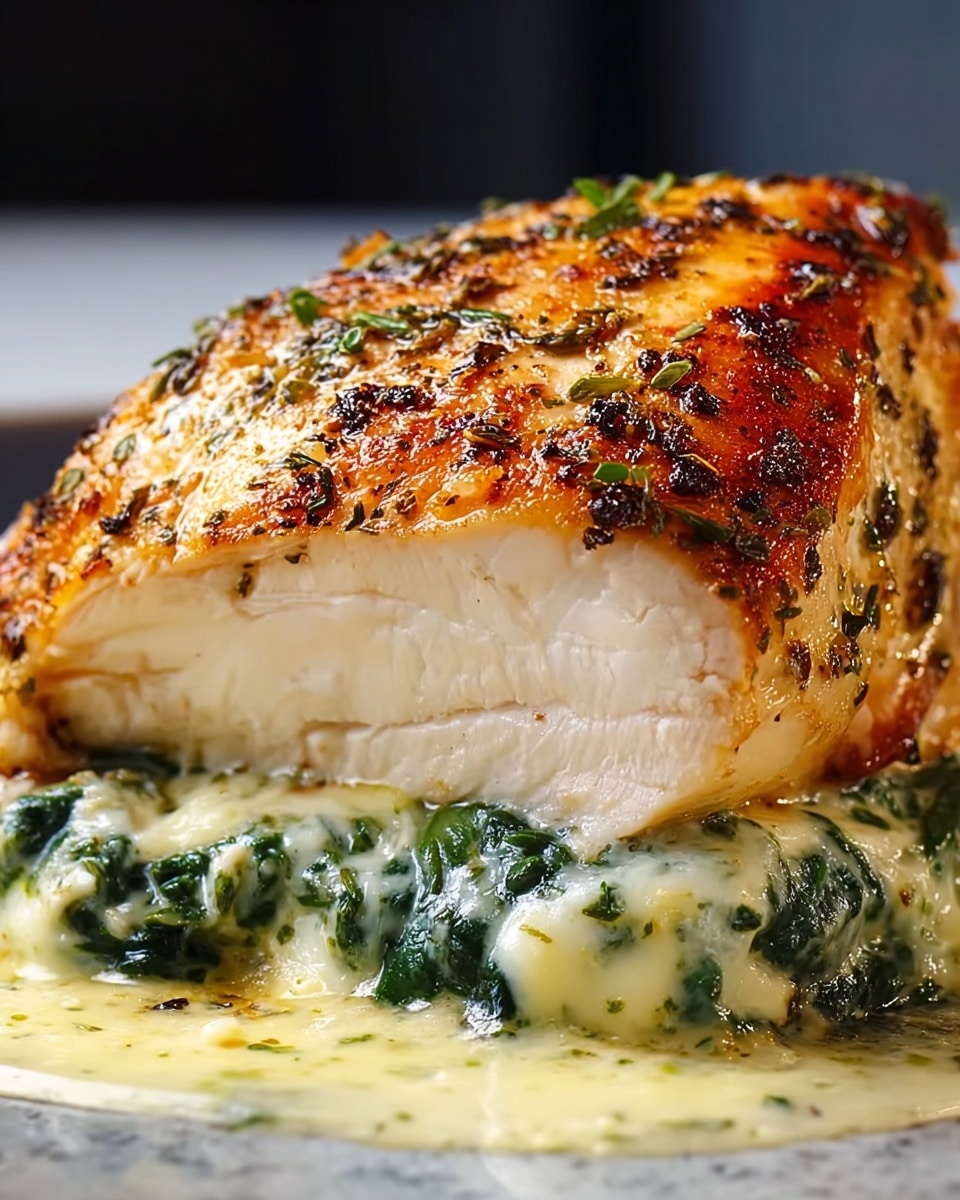 A close-up of a cooked chicken breast showing two main layers, with the top layer being golden brown, slightly crispy skin sprinkled with herbs and spices. The middle layer is thick, white juicy chicken meat. At the bottom, there is a creamy layer of melted cheese mixed with dark green spinach leaves, oozing slightly out from under the chicken. The dish is placed on a white marbled texture that reflects the creamy sauce around the chicken, highlighting its moist and rich texture. photo taken with an iphone --ar 4:5 --v 7